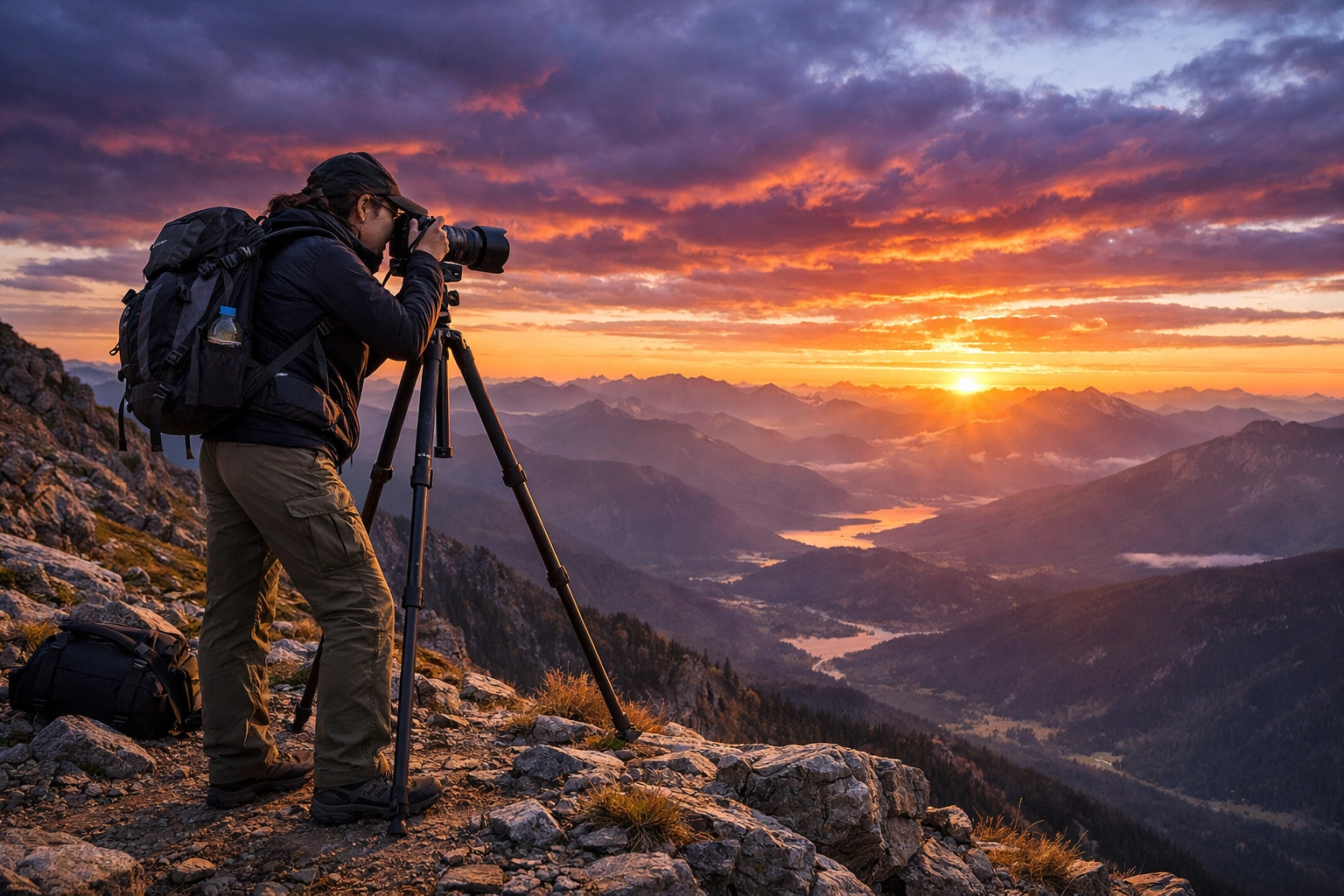 Professional outdoor photographer shooting a mountain landscape at sunset for their photography portfolio.