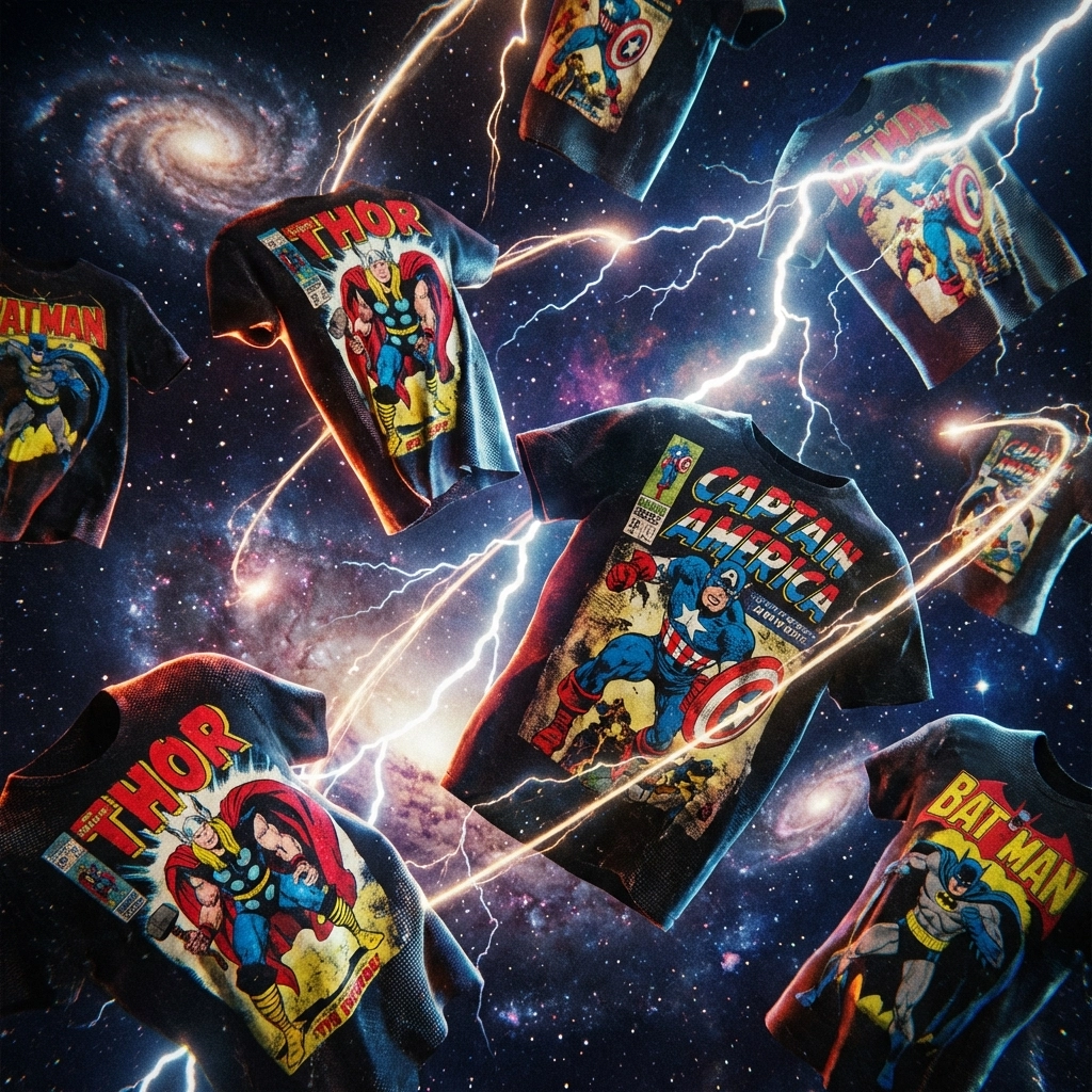 Superhero graphic t-shirts inspired by Marvel, floating in a cosmic setting for licensed movie merchandise gift ideas