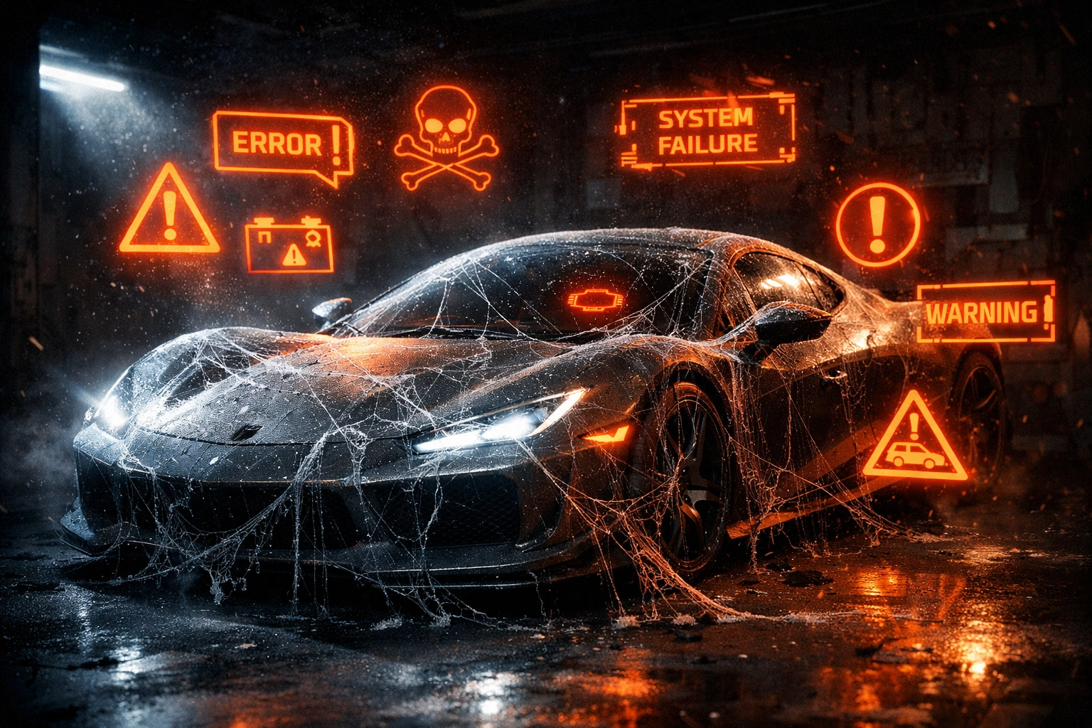 Neglected sports car with error symbols representing outdated website without maintenance