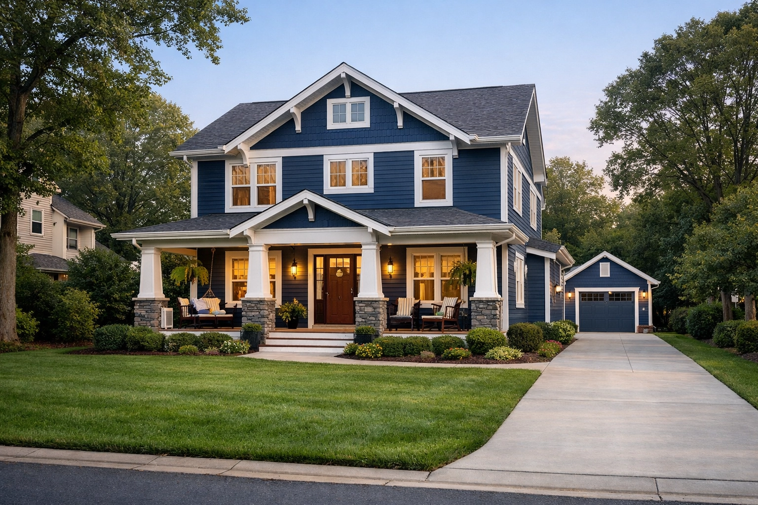 Charming navy blue craftsman-style home with white trim and a lush lawn in Greensboro, NC.