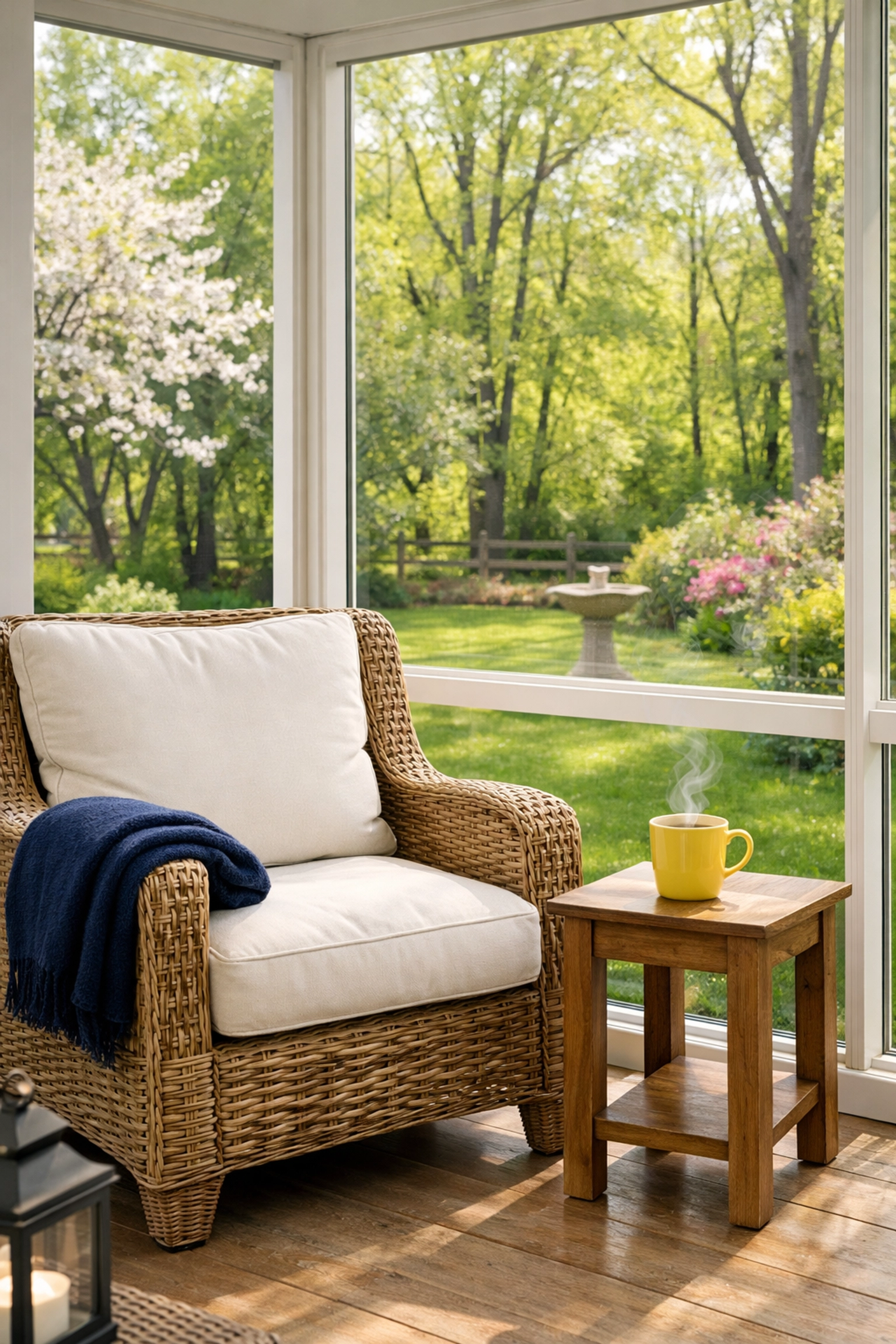 Immaculate sunroom in Stow, MA showing the restorative benefits of hiring professional cleaners for a home reset.