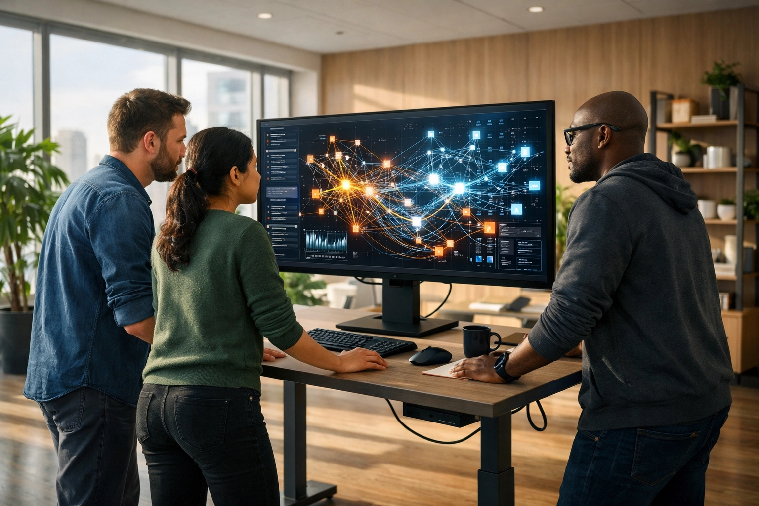 IT professionals analyzing real-time ServiceNow ITOM data visualizations in a modern office.