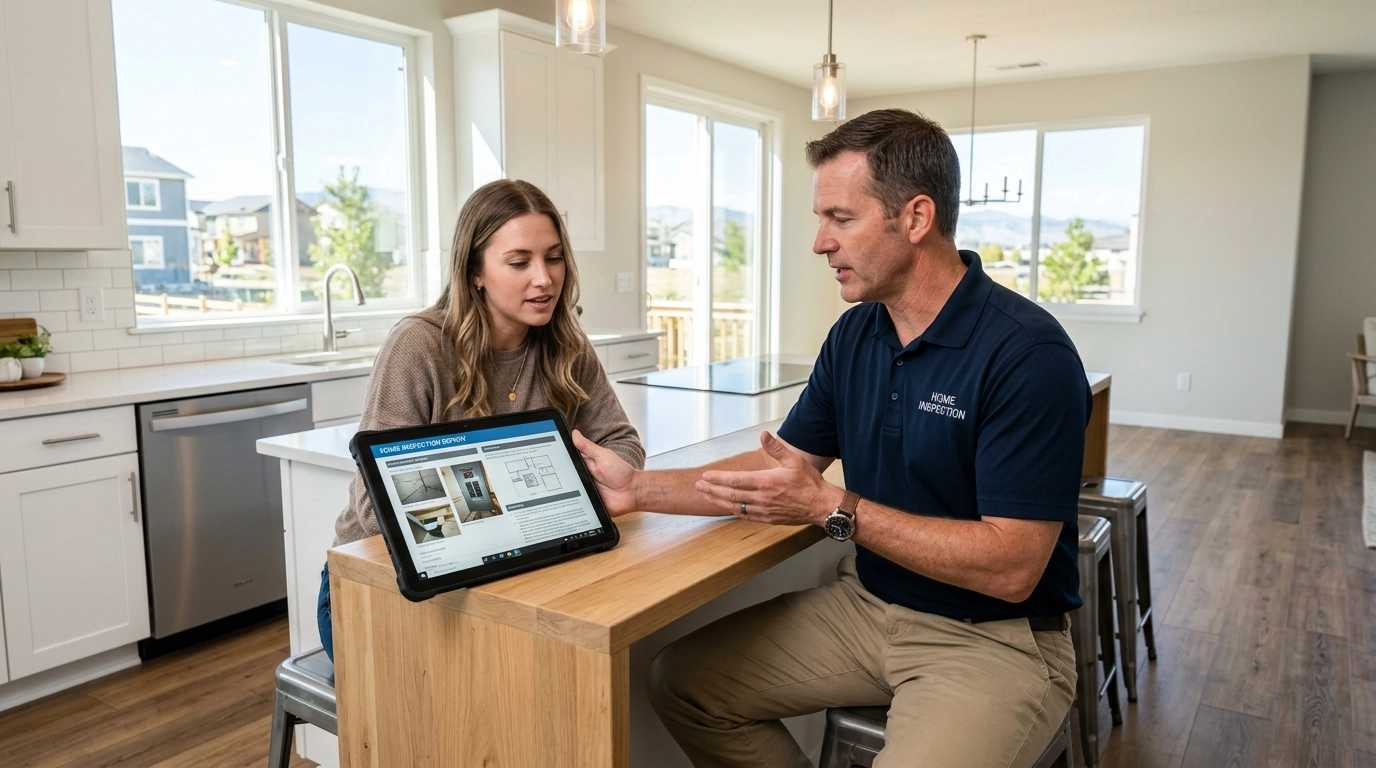 Inspector reviewing a digital inspection report with a homebuyer