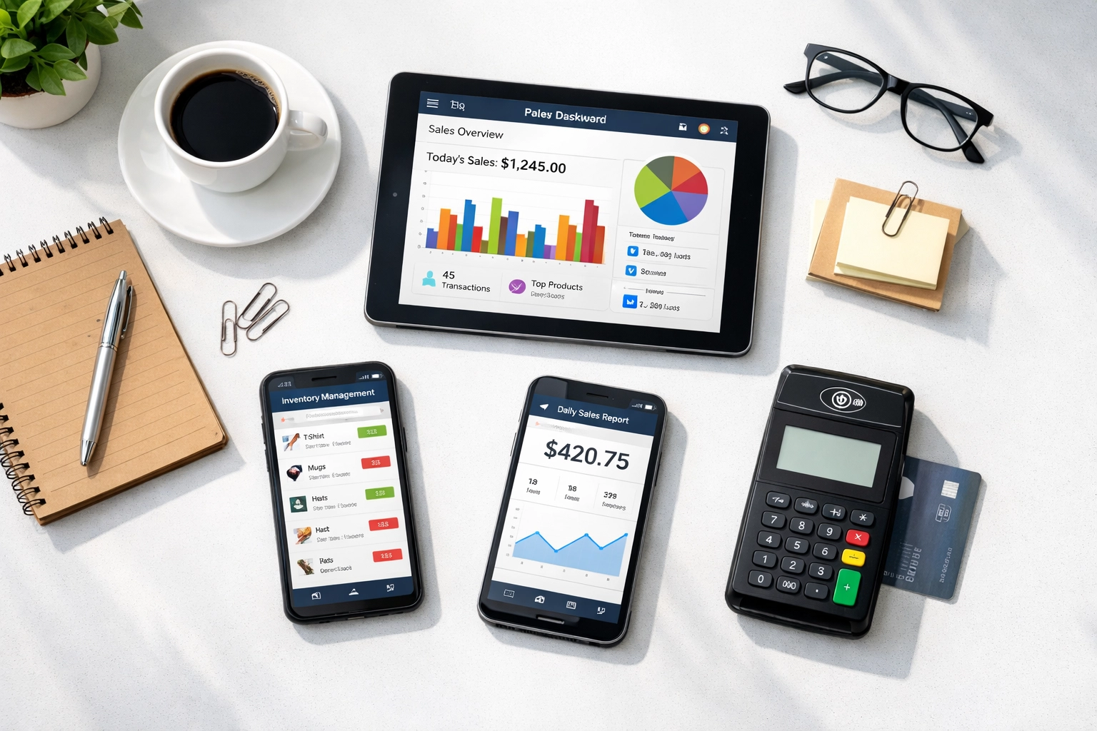 Small business owner using mobile POS system dashboard with sales analytics and inventory tracking