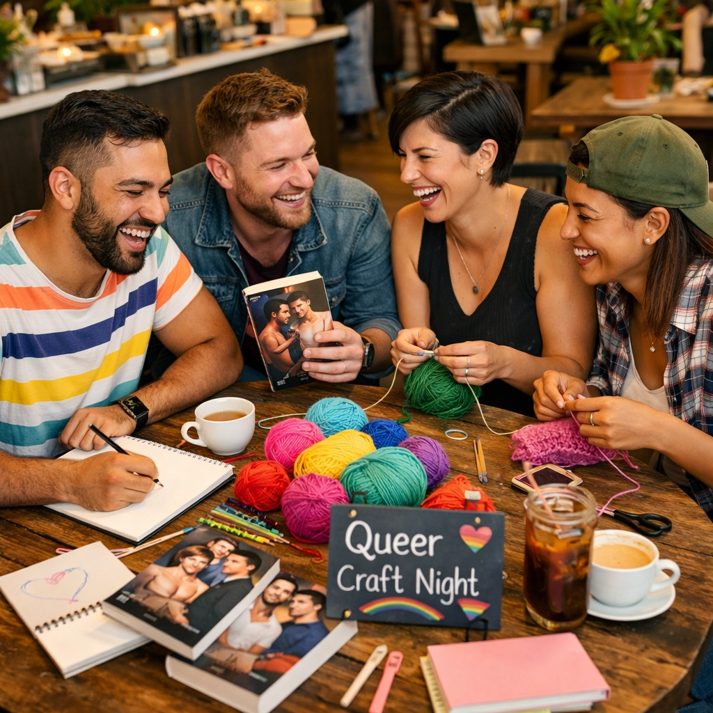LGBTQ friends laughing during a craft night, showing how shared hobbies build grassroots community connections.