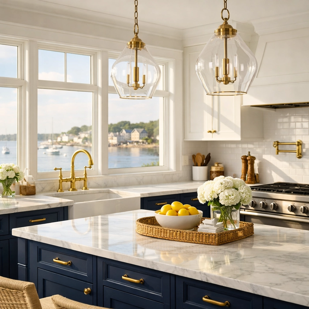 Clean Hingham coastal kitchen with marble countertops maintained by bi-weekly house cleaning services.