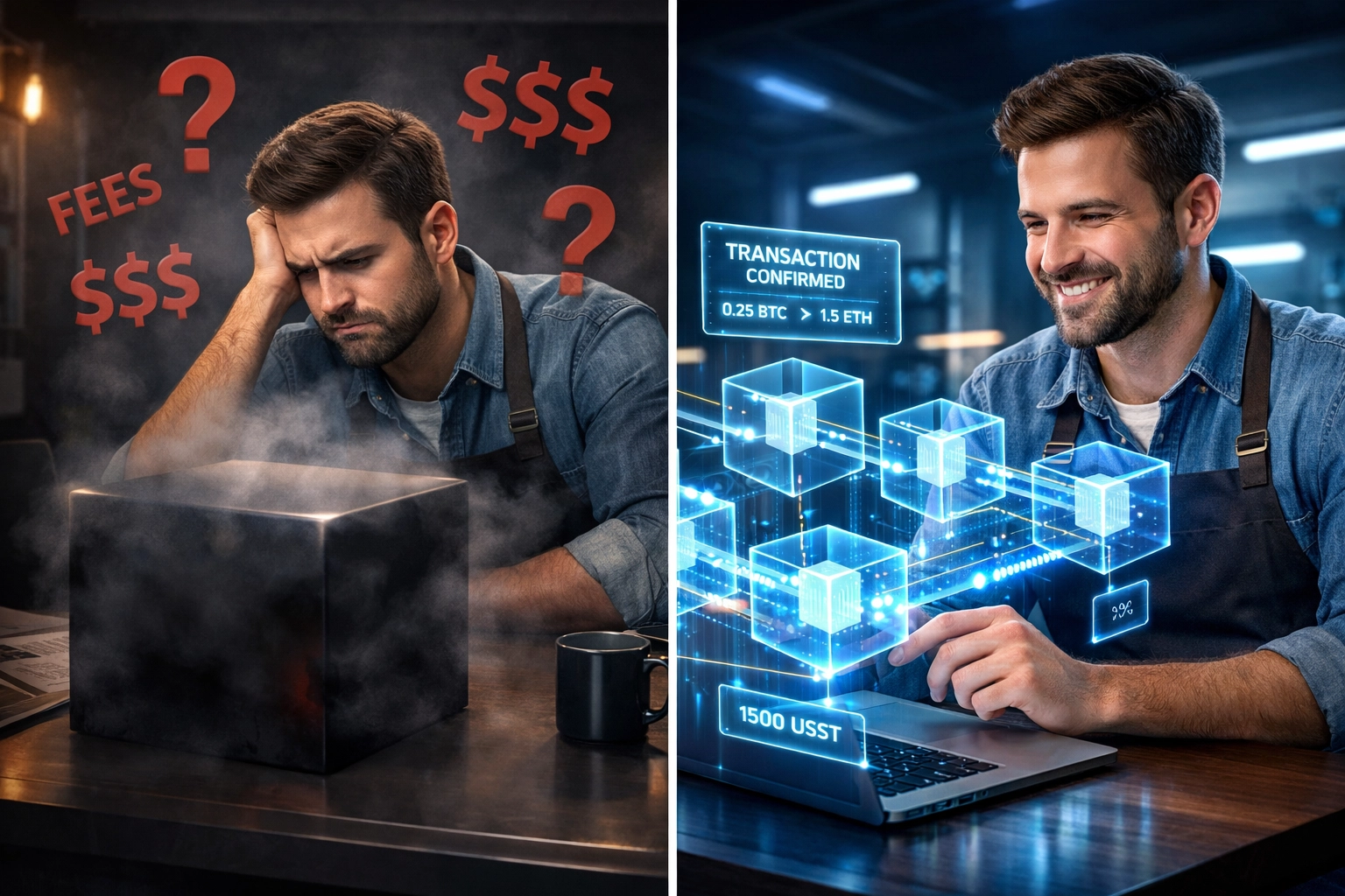 Comparison of opaque centralized payment processing versus transparent blockchain transaction visibility
