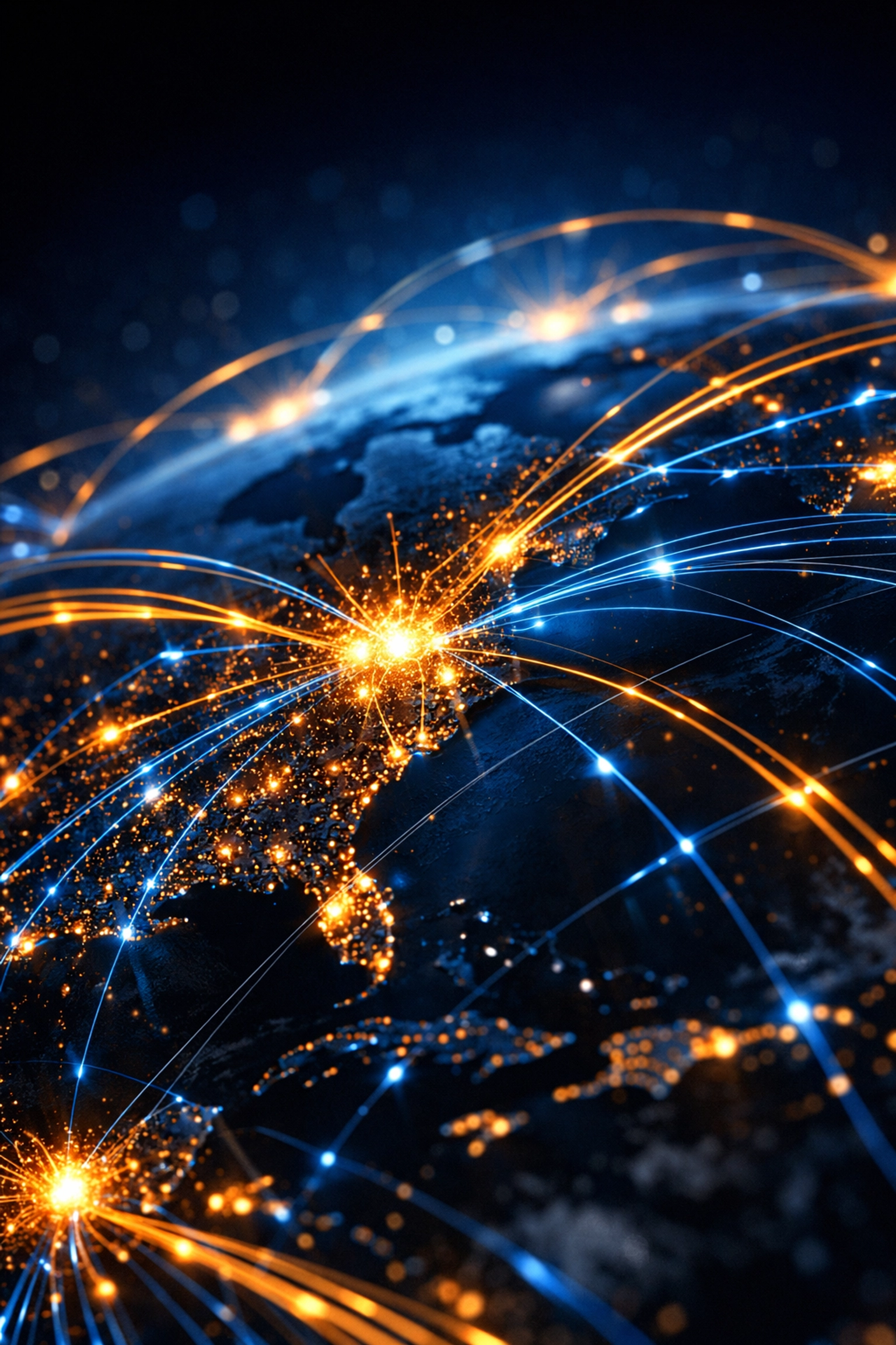 Global network infrastructure showing interconnected digital lines for secure business technology partnerships.
