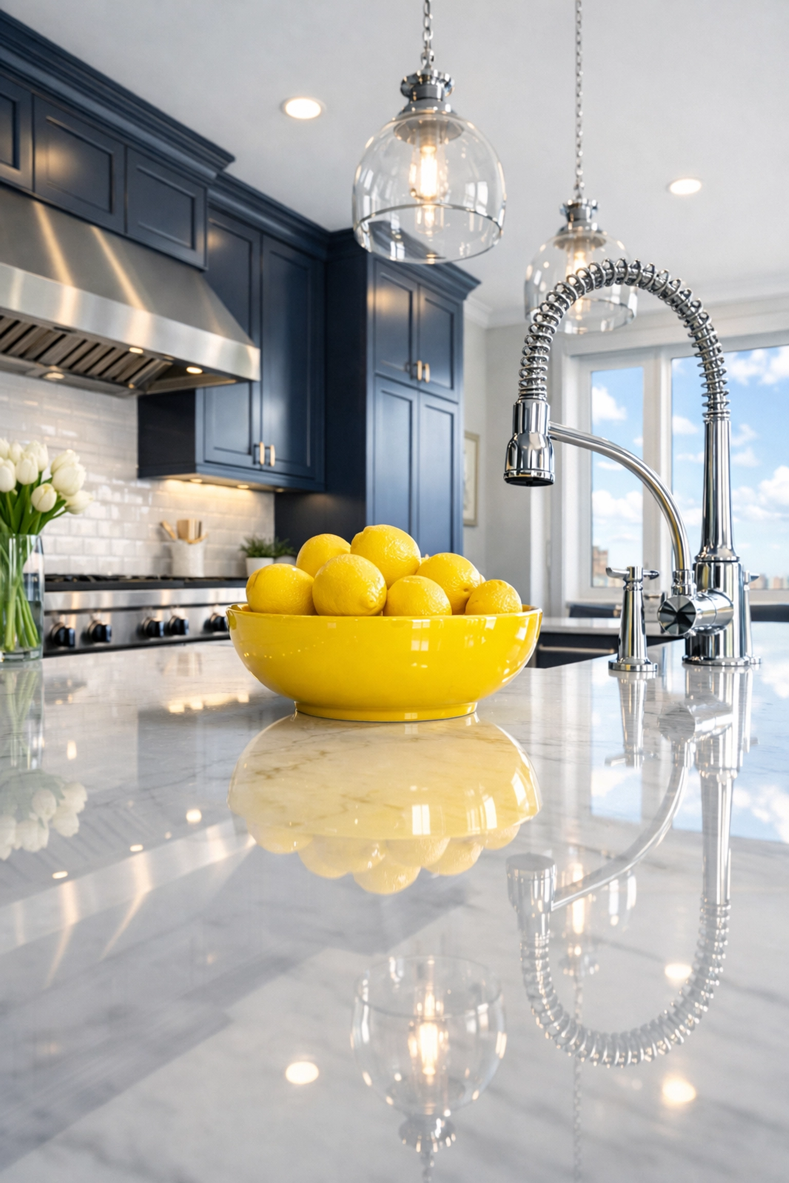 A spotless kitchen with marble countertops showcasing professional deep cleaning MA in a modern apartment.