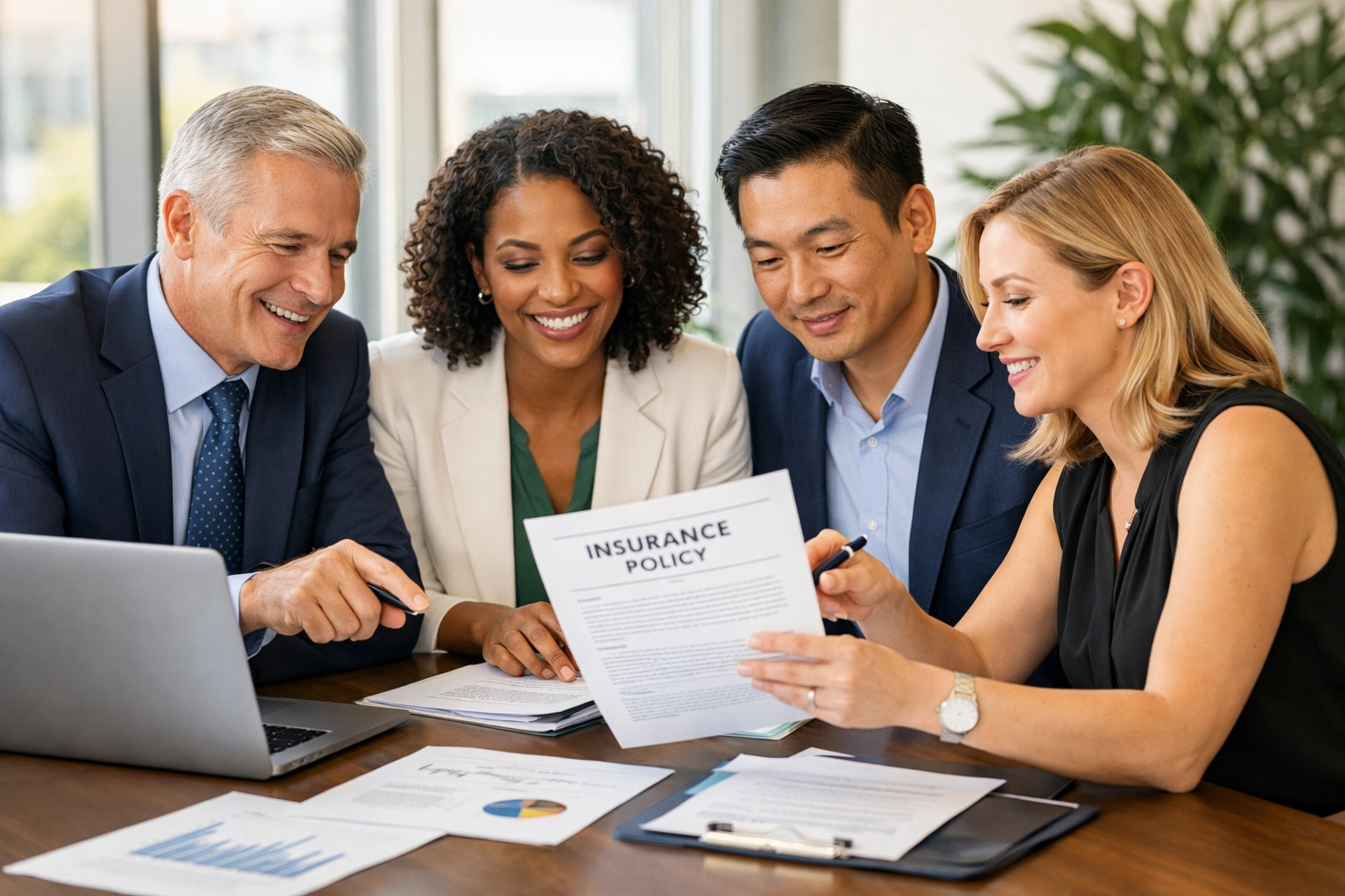 Business professionals reviewing commercial insurance policies with independent agent