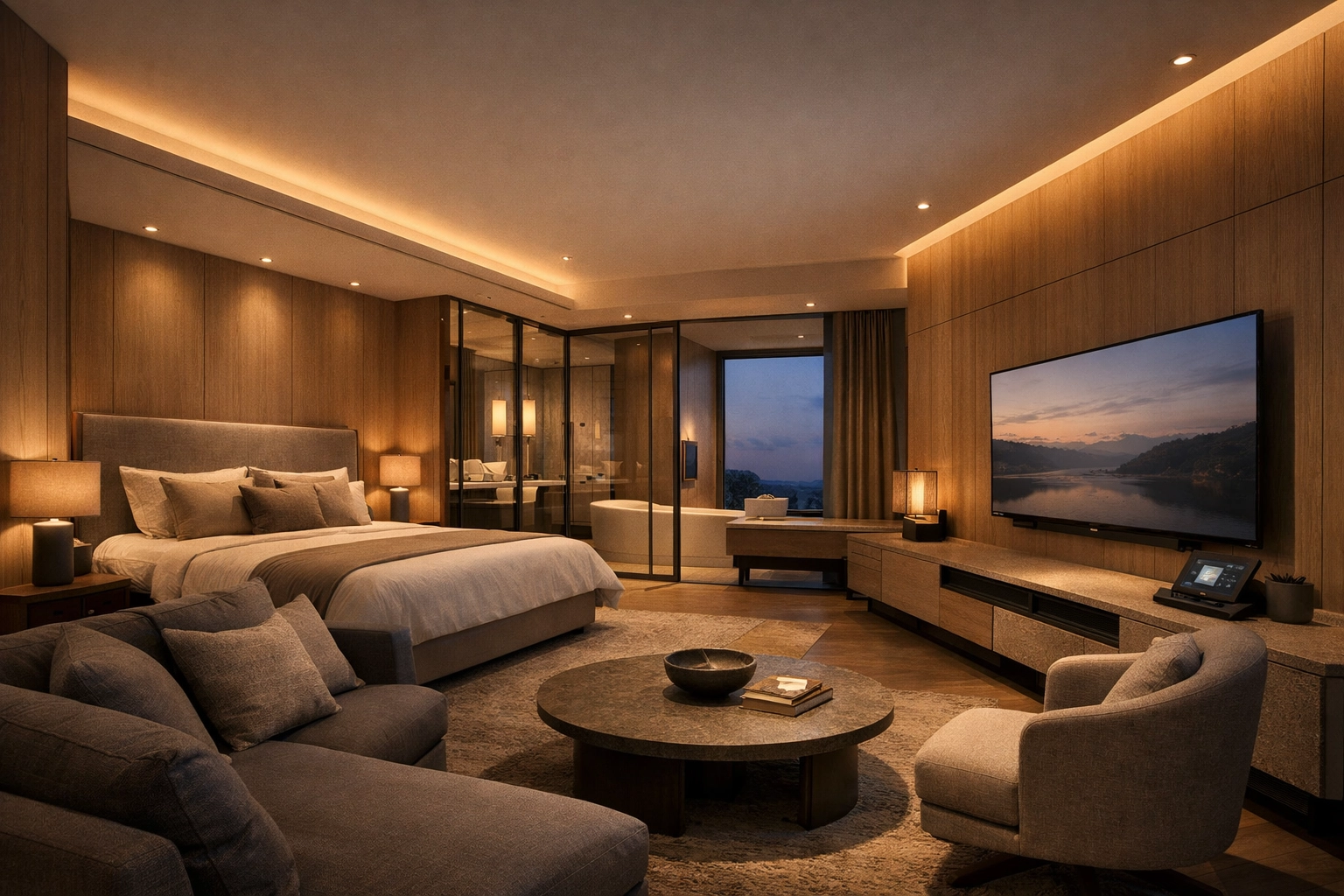 Luxury boutique hotel suite interior featuring integrated smart room technology and modern design.