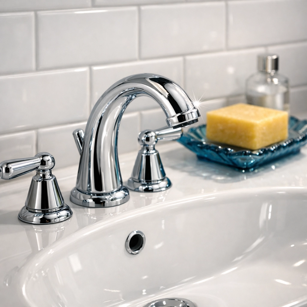 Detailed view of a sanitized bathroom vanity and sparkling faucet after a professional house cleaning.