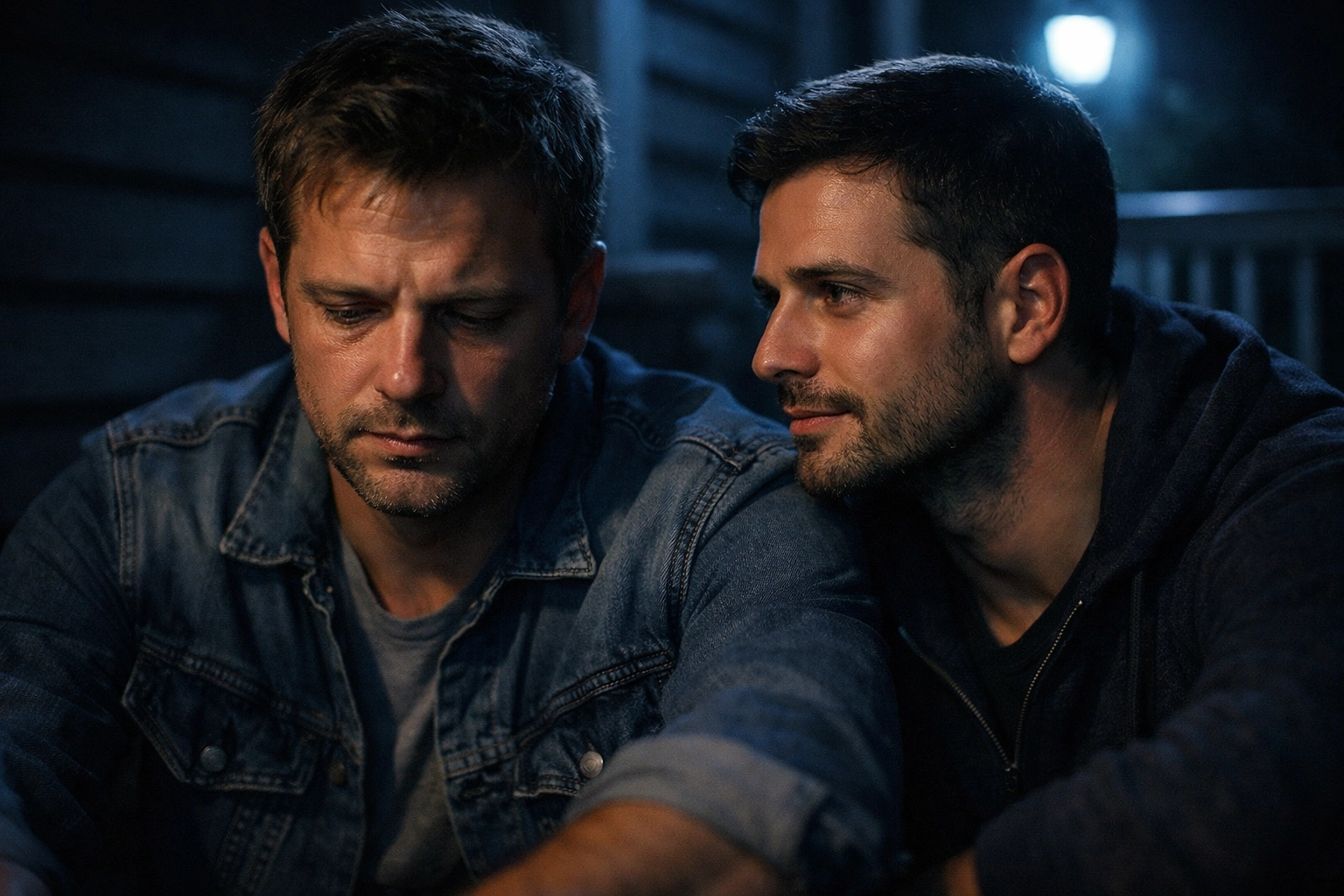 A quiet moment between two men on a porch at night, reflecting the emotional depth of gay fiction.