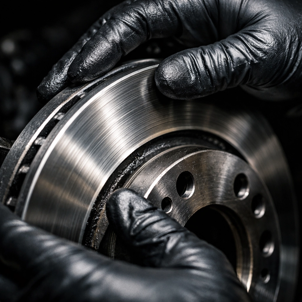 Close-up of a mobile mechanic performing a professional brake inspection to ensure vehicle safety.