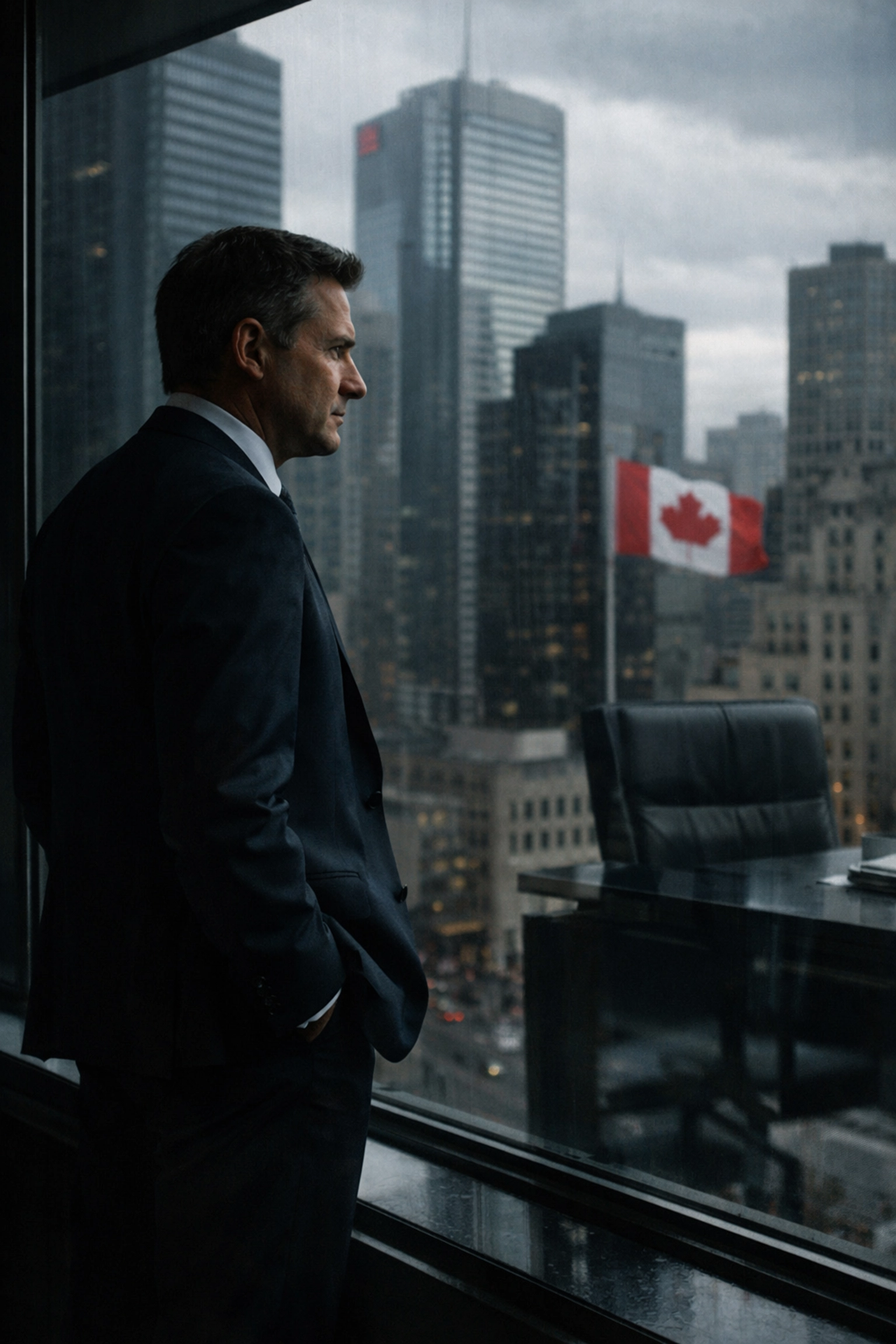 A professional looking over a Canadian financial district amid economic uncertainty.