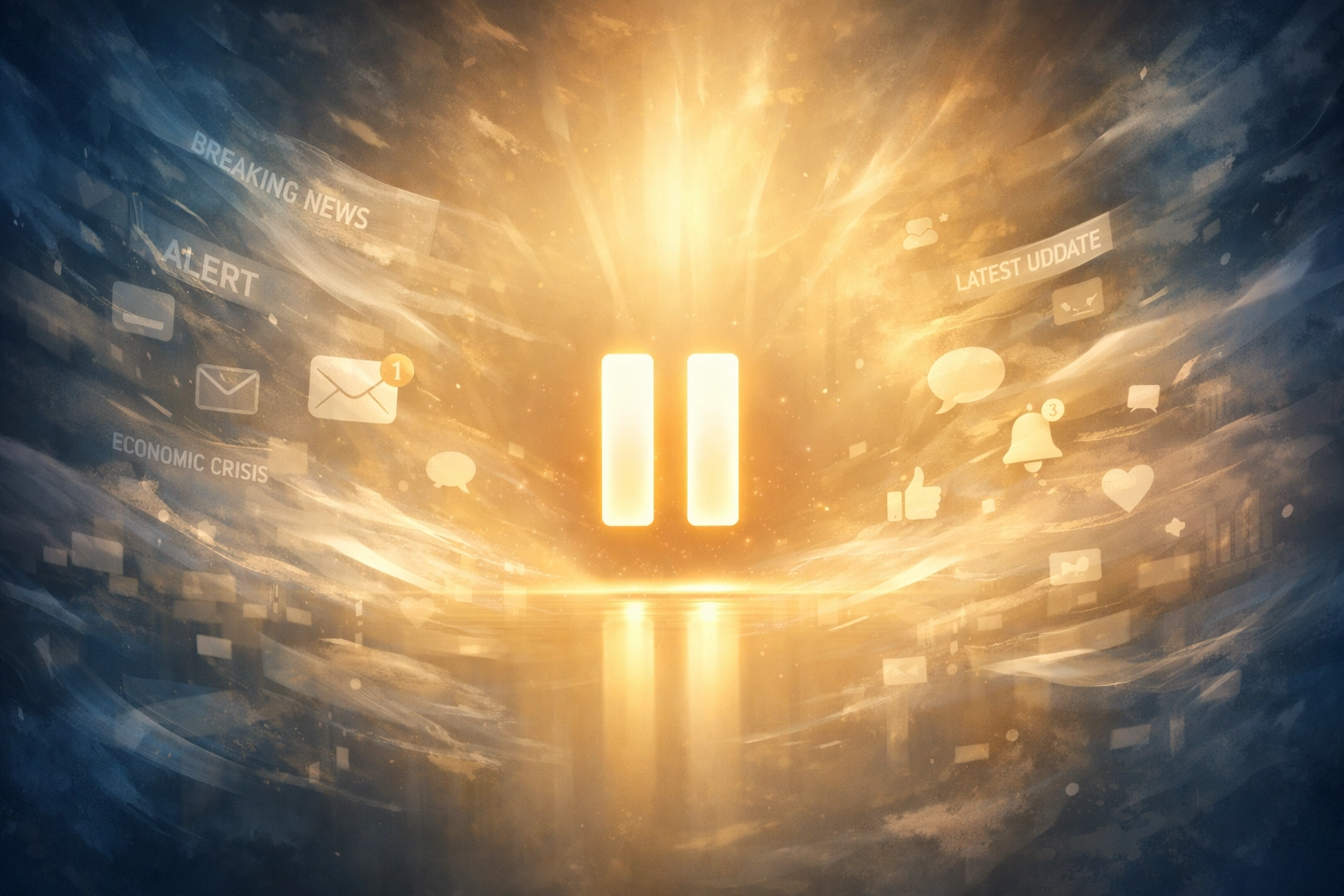 Pause symbol breaking through swirling news headlines toward peaceful light