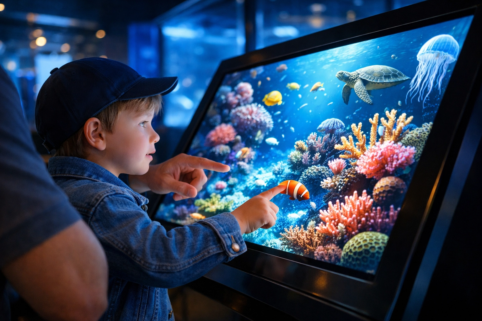 Visitors engaging with an interactive touch-screen display at a modern aquarium exhibit.