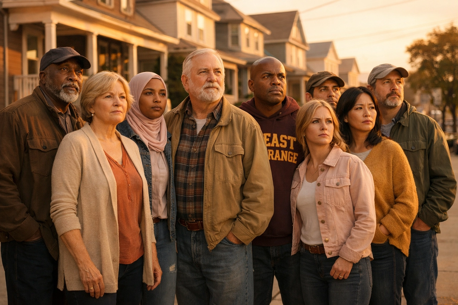 A diverse group of community members standing together on an East Orange sidewalk to support public safety.