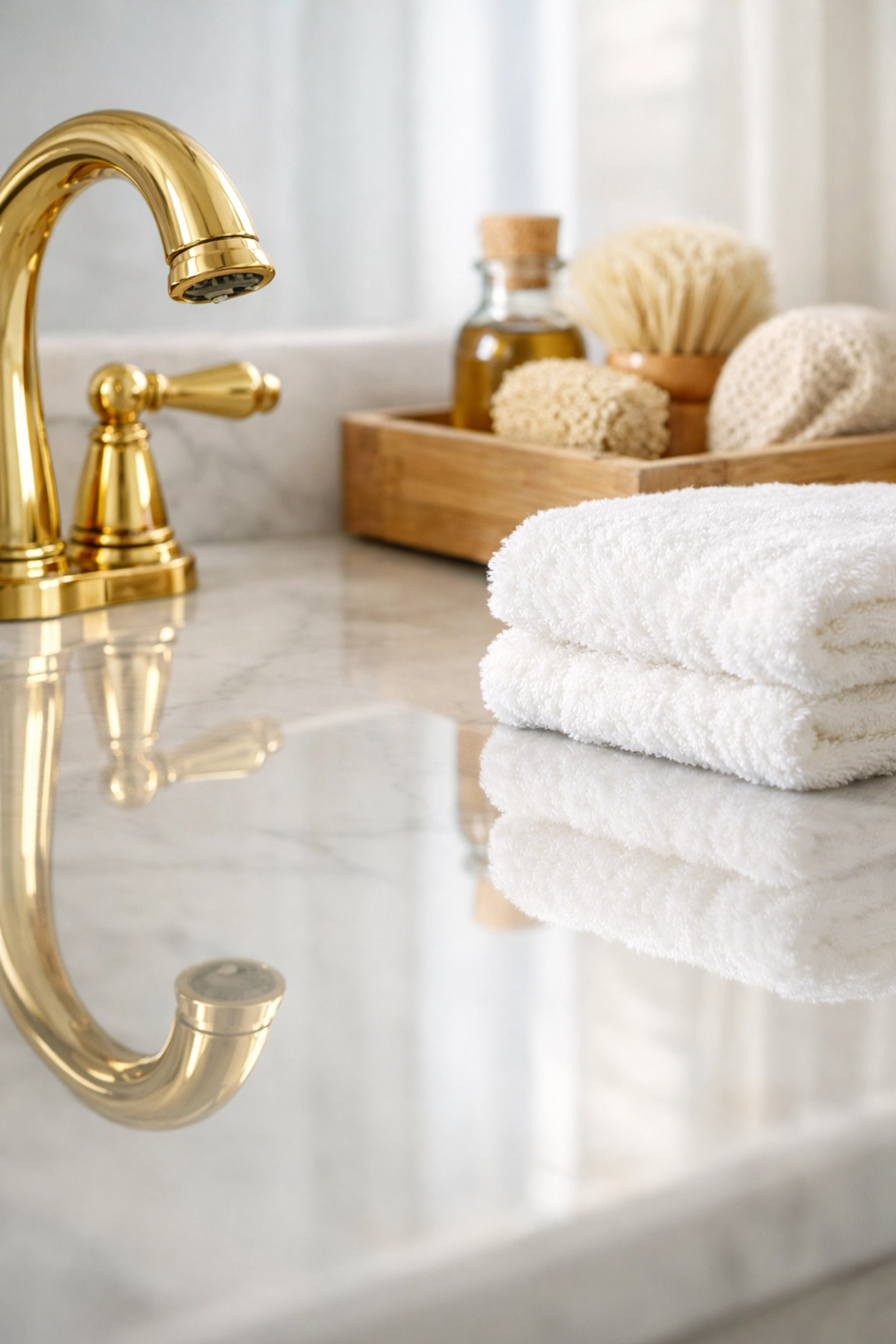 Detailed view of a clean marble vanity and gold faucet after residential cleaning Massachusetts in a Dover home.