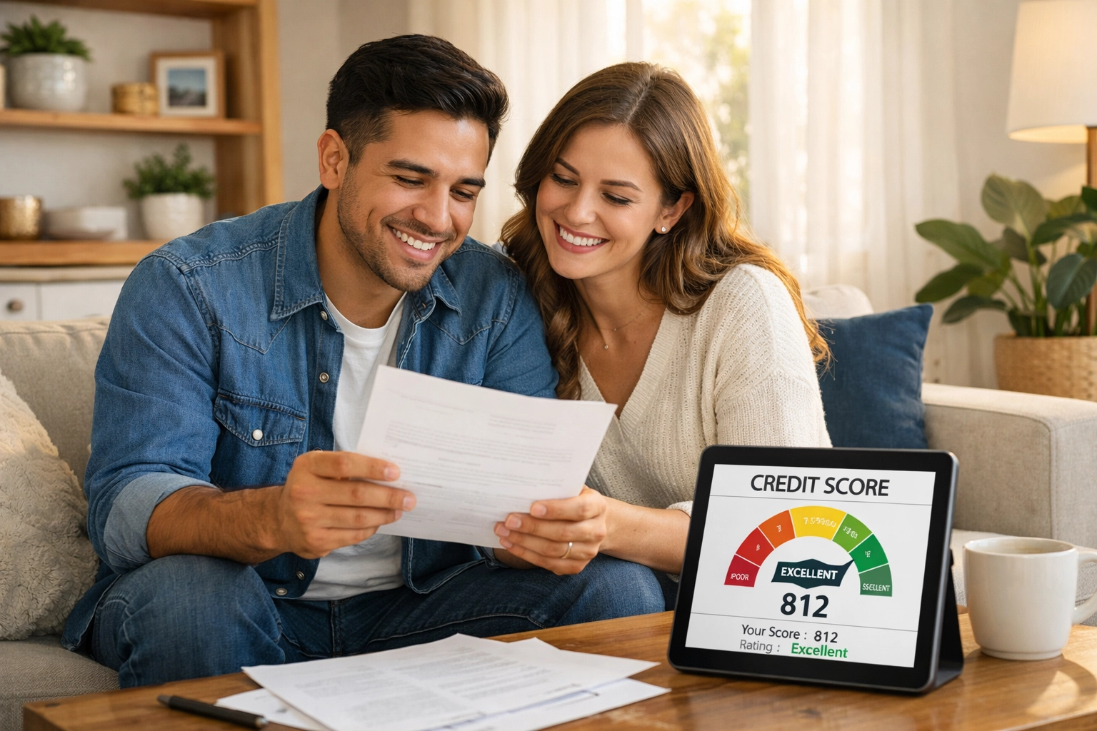 Texas couple reviewing their credit score progress on laptop together at home