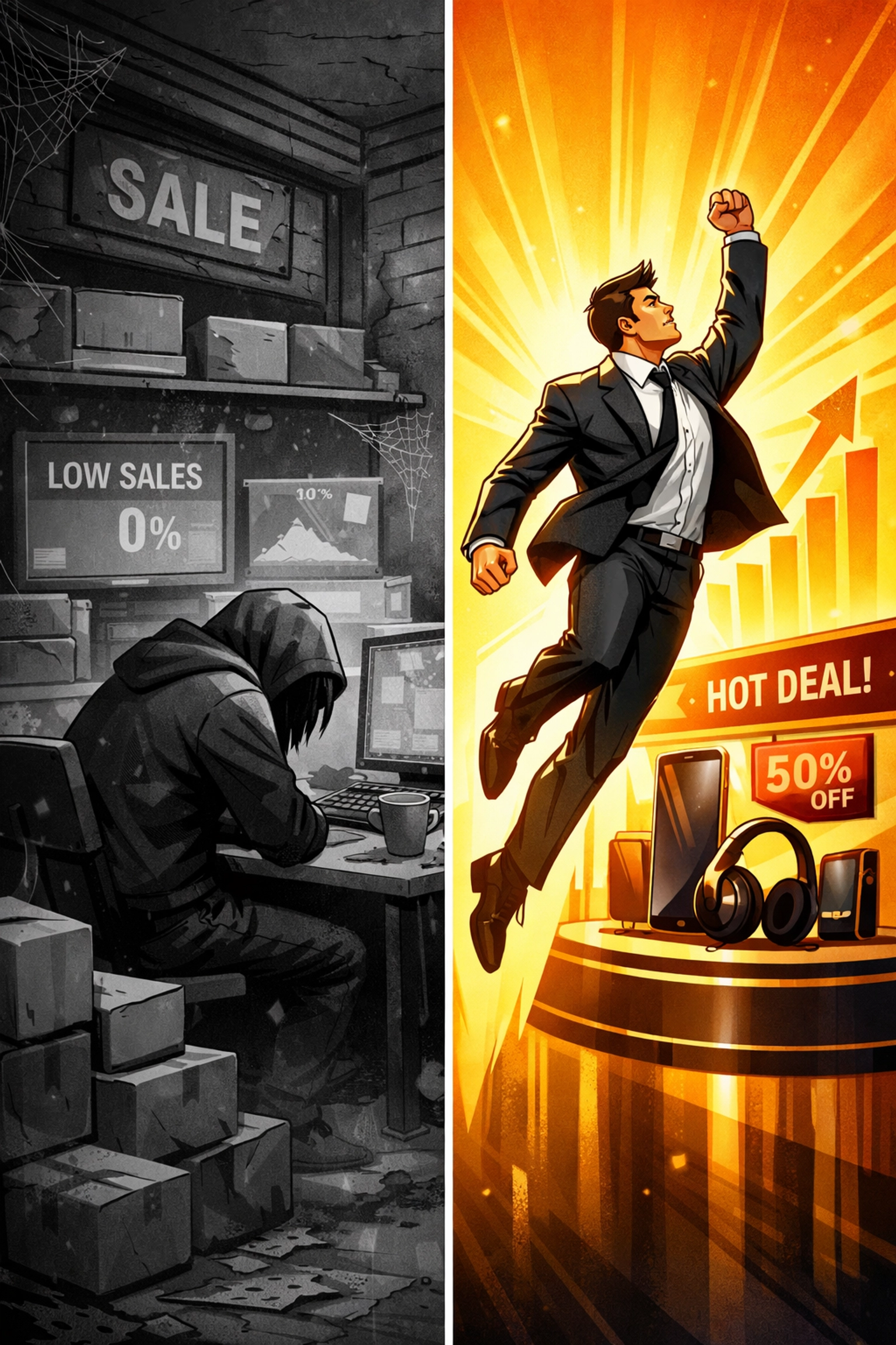 Illustration of amazon listing optimization transforming a poor product page into a high-conversion digital storefront.