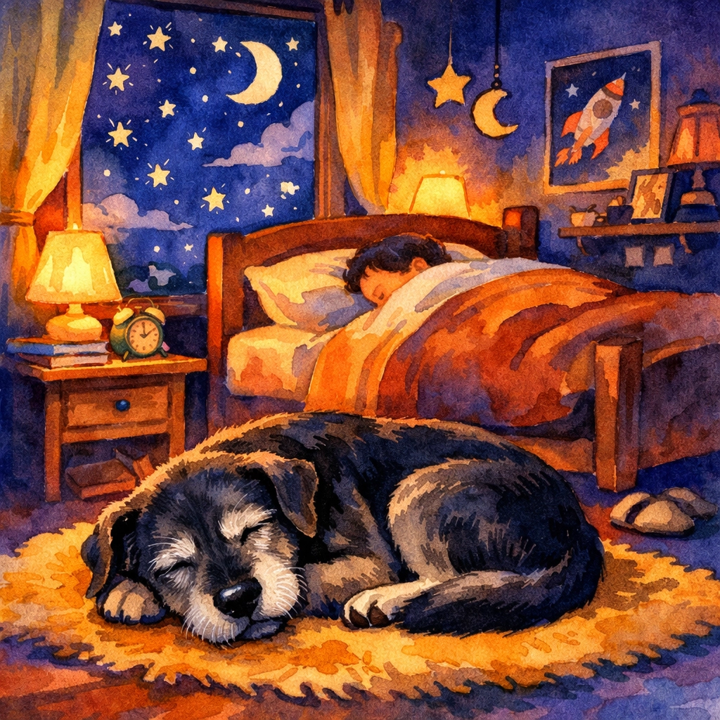 Housebroken senior dog sleeping peacefully on a rug in a quiet bedroom.