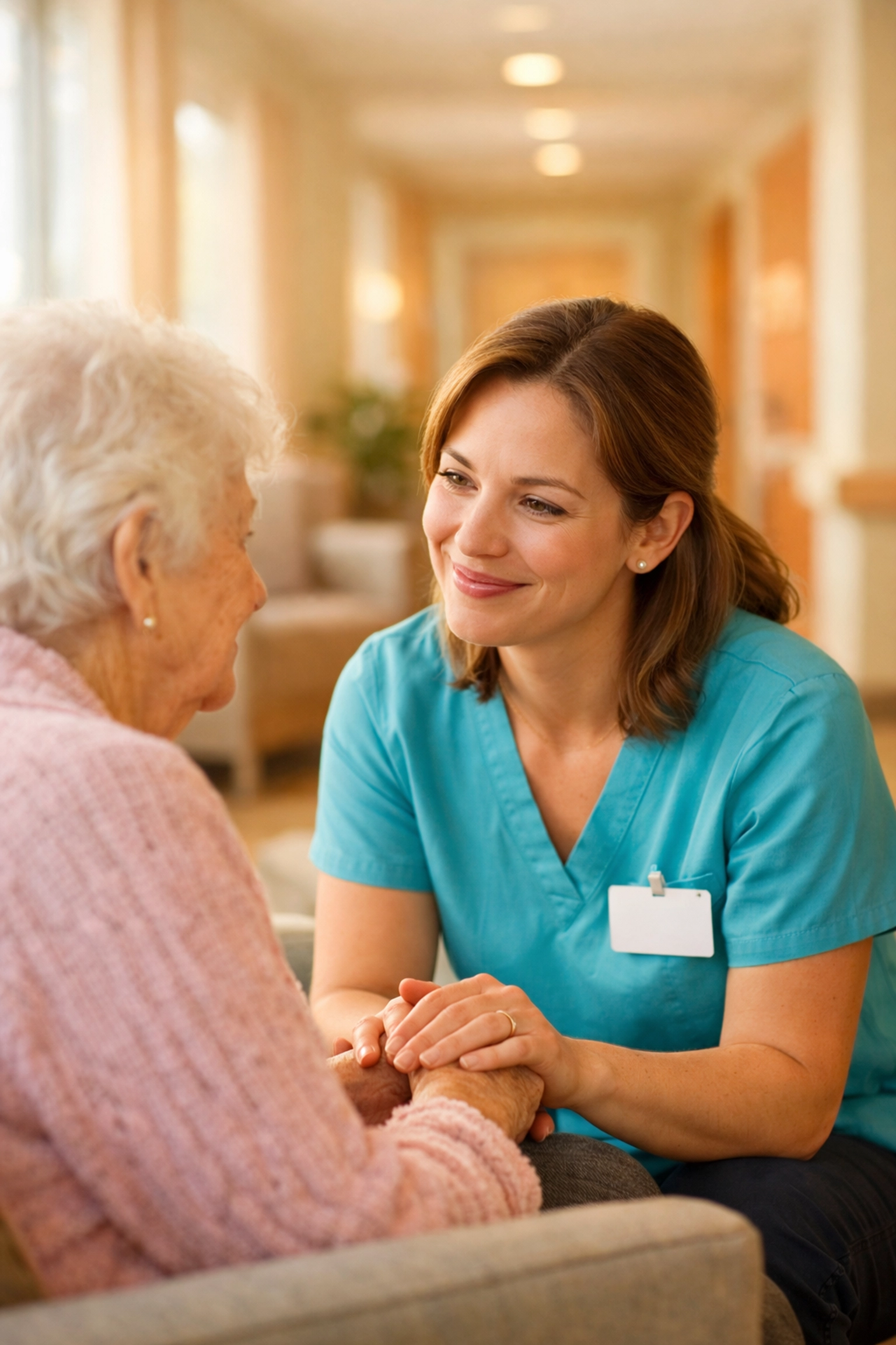Attentive staff member providing personalized memory care in a bright Sarasota senior living community.