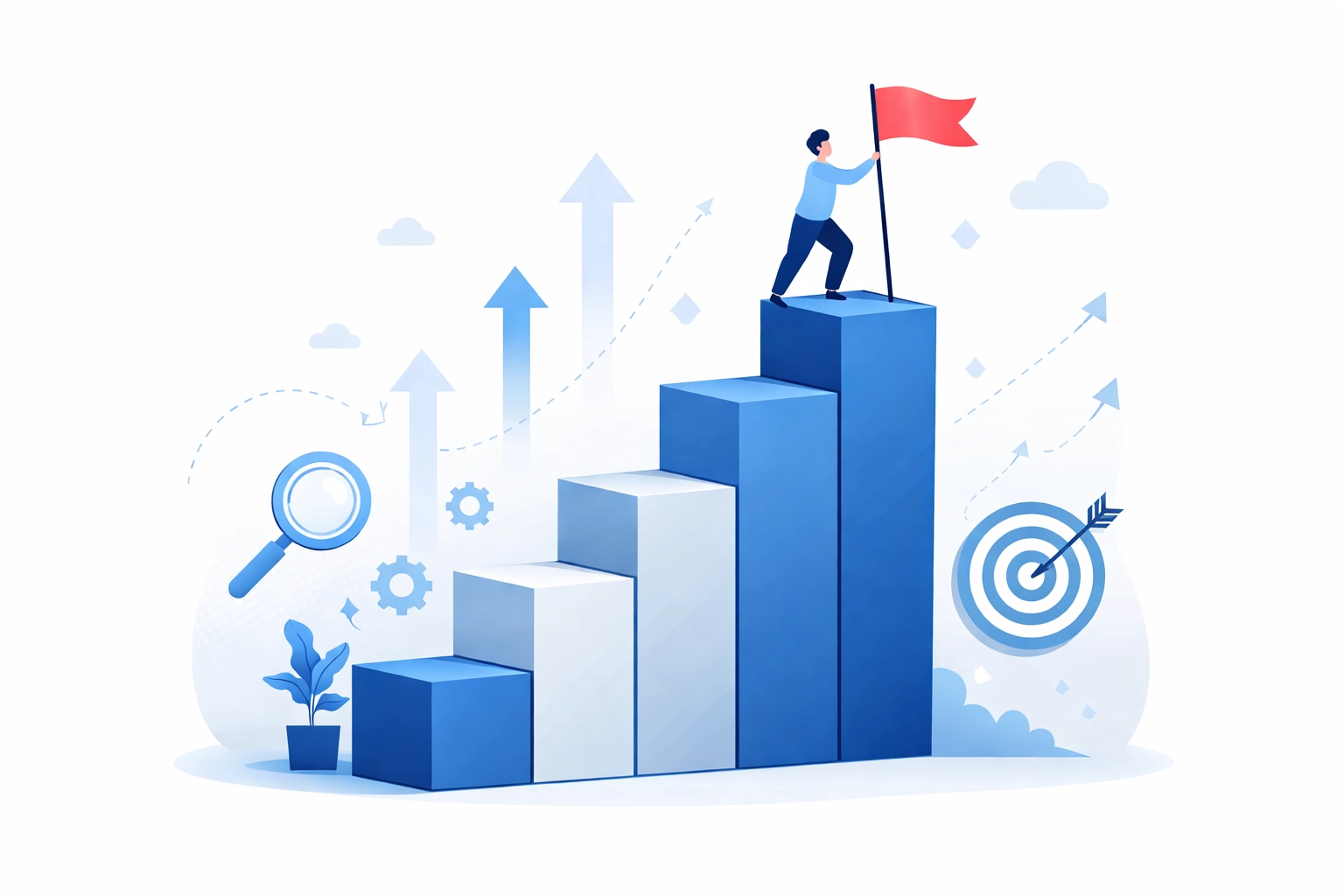 Upward-trending graph with figure planting flag, illustrating business growth through content marketing success