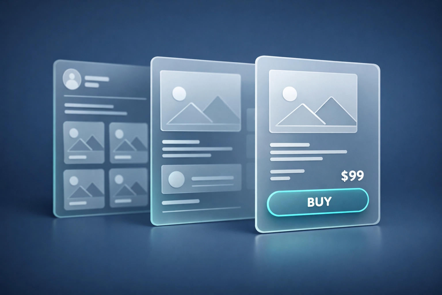 Mobile-first UI layers showing a social commerce app interface with product feeds and checkout buttons.