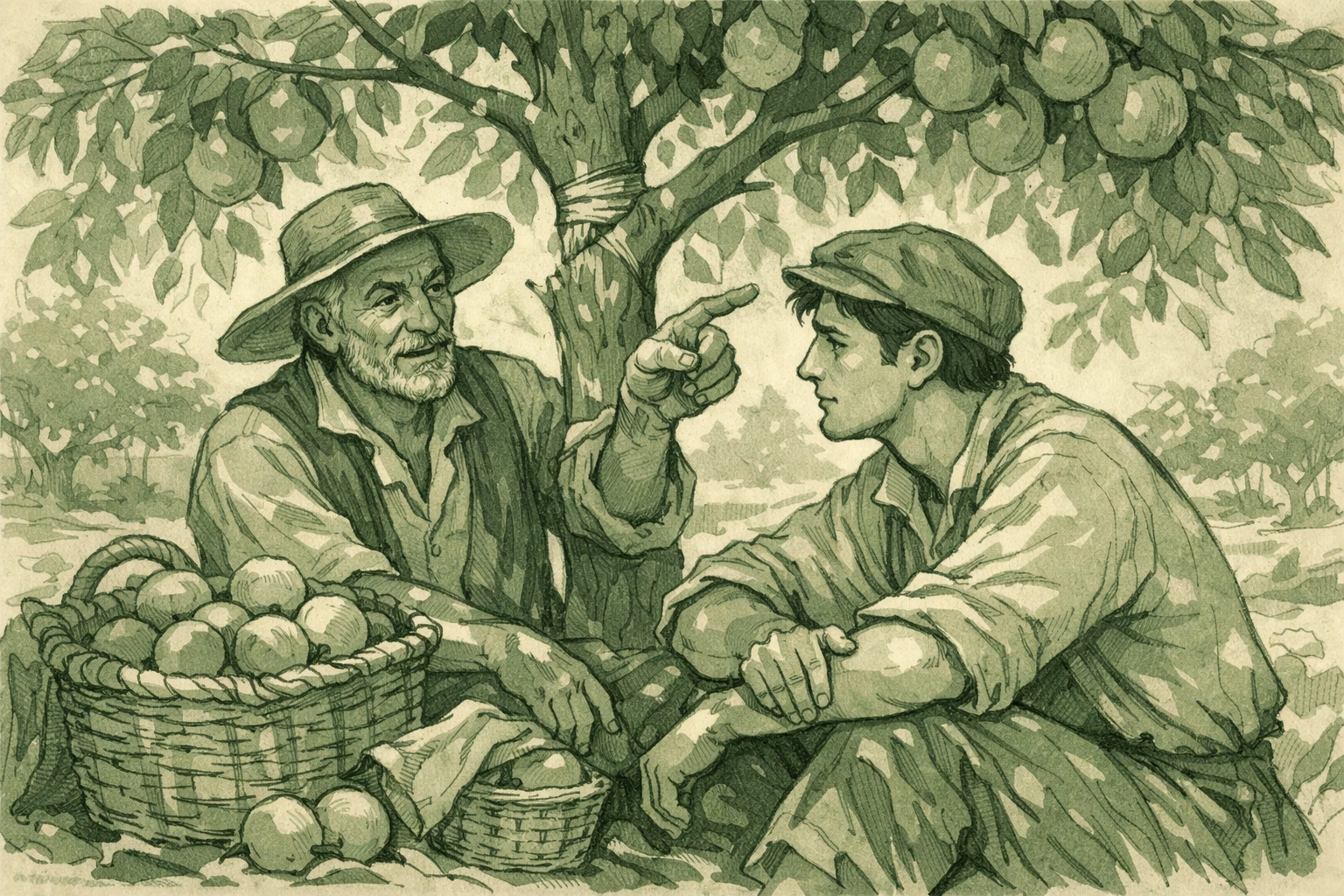 Mature farmer teaching young worker under citrus tree, mentorship in gay romance novel