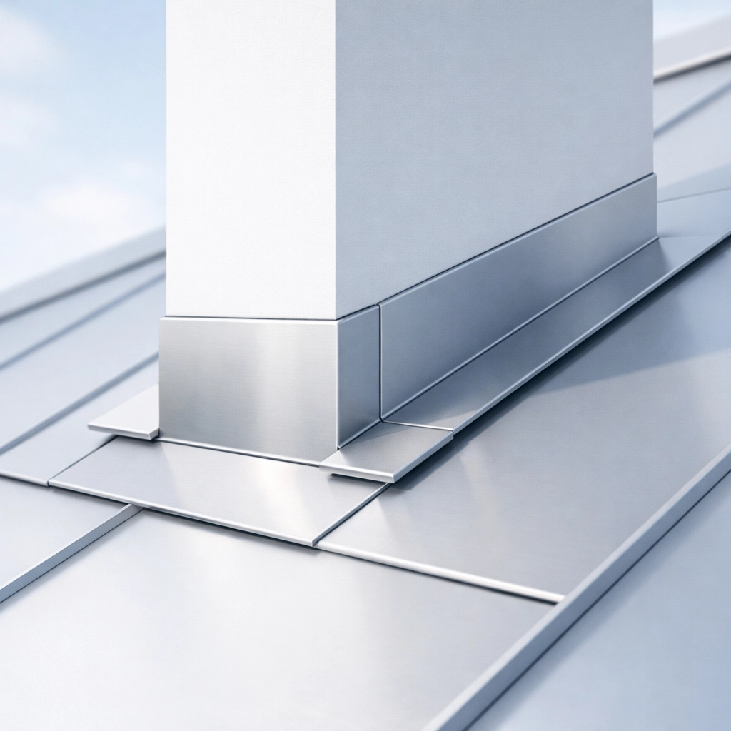 Expertly installed metal roof flashing around a chimney for reliable leak protection in Sydney.