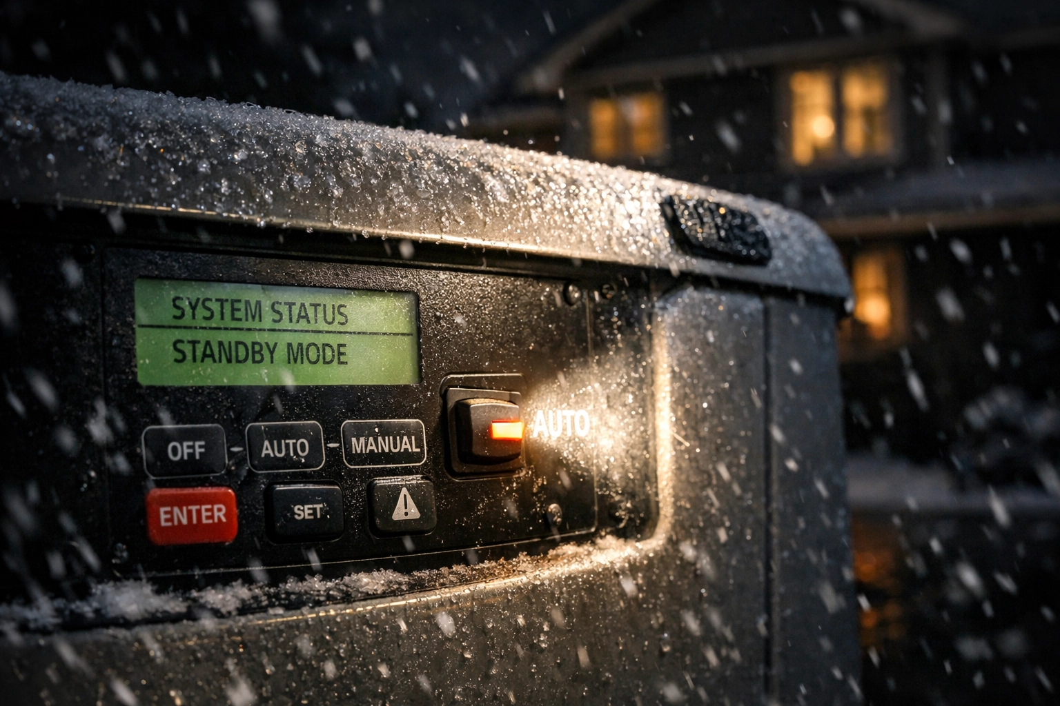 Checking a standby generator control panel in Ottawa during a winter power outage troubleshooting.