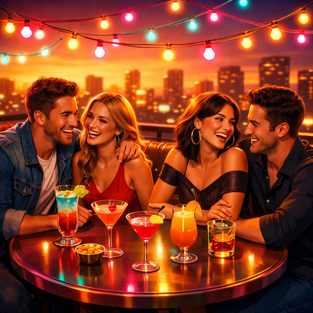 Friends enjoying a double date on a rooftop, representing the friendfluence trend in dating