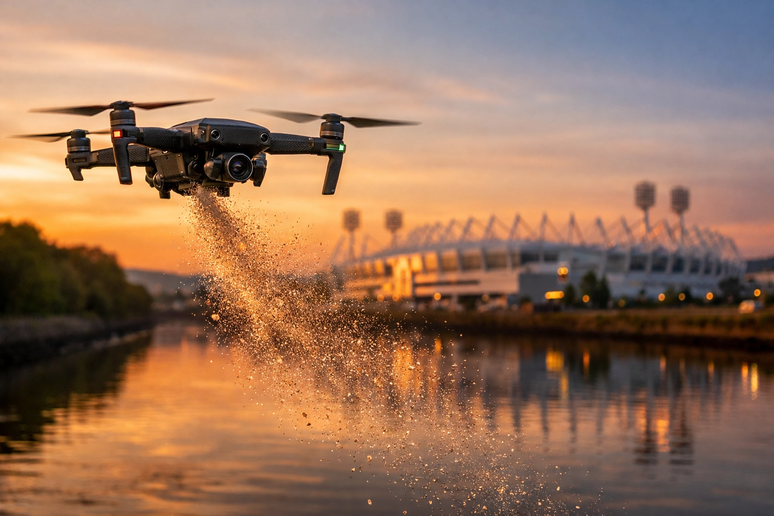 Dignified drone ash scattering near Swansea.com Stadium and River Tawe for a lifelong Swansea City supporter.