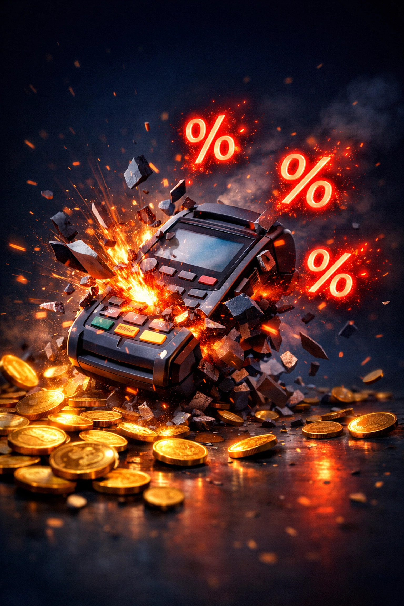 Crypto payment fees exploding into fragments showing hidden costs merchants pay with traditional processors