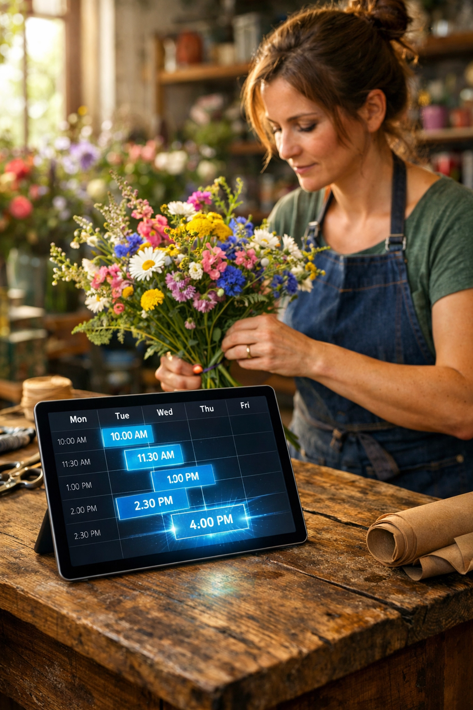 A small business owner focuses on her craft while an AI chatbot automatically manages her appointment calendar. A small business owner focuses on her craft while an AI chatbot automatically manages her appointment calendar.