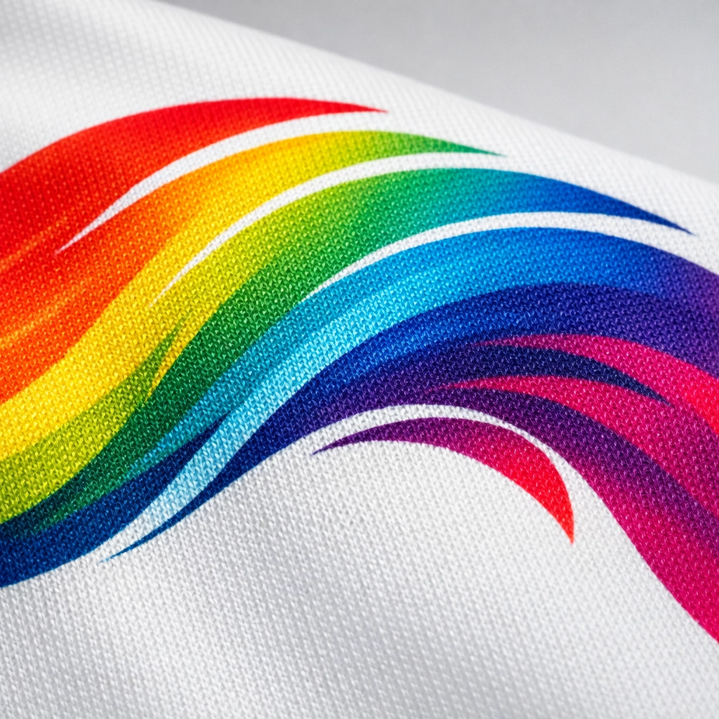 Detailed macro shot of vibrant custom sublimation printing showing ink bonded to polyester fibers.