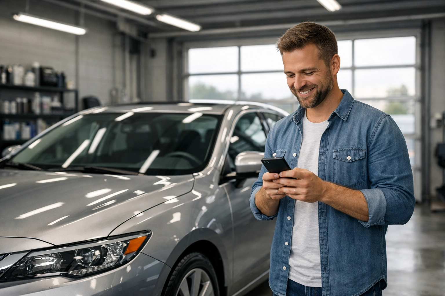 Happy customer with smartphone leaving online review next to freshly detailed car