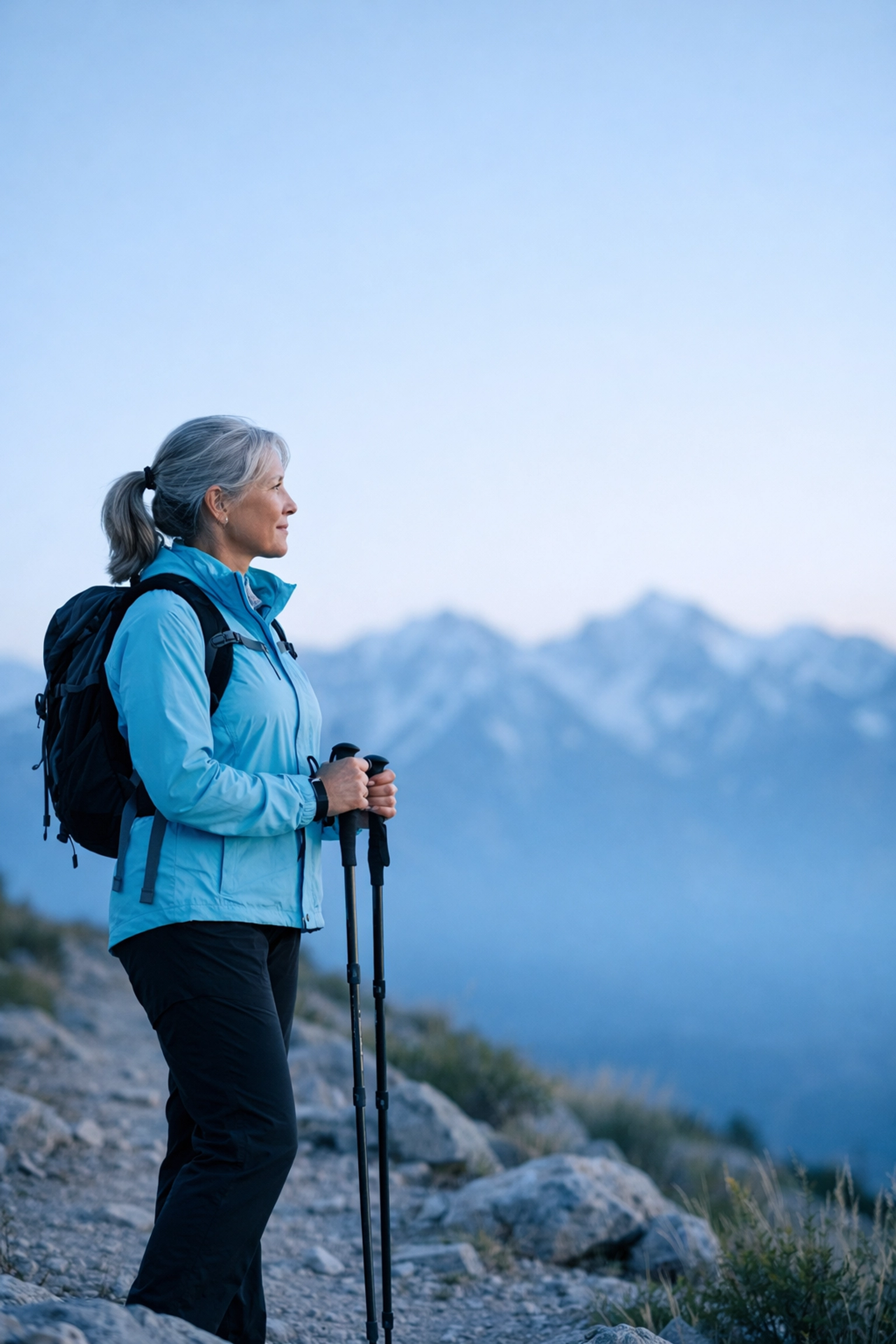 Active woman hiking in Utah mountains, showing how ultrasound in Utah helps maintain an active lifestyle.