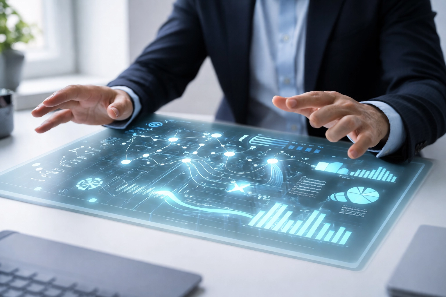 Business analyst using a holographic dashboard to organize contextual data, representing data accuracy in analytics