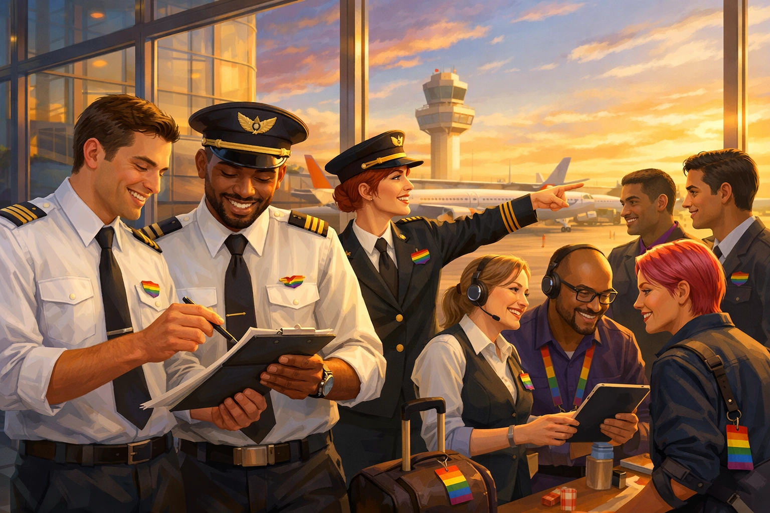 LGBTQ+ pilots and aviation professionals at airport terminal during Pride season with rainbow flags