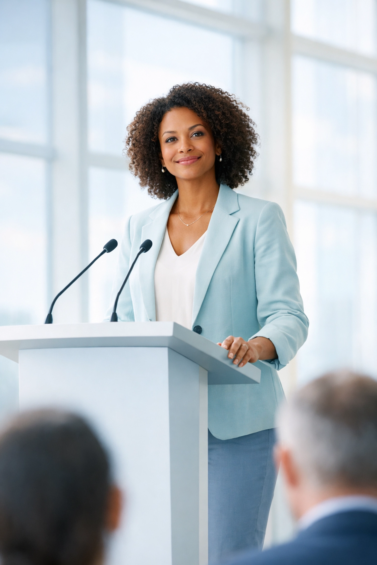 Confident woman speaking at podium demonstrating calm public speaking without anxiety