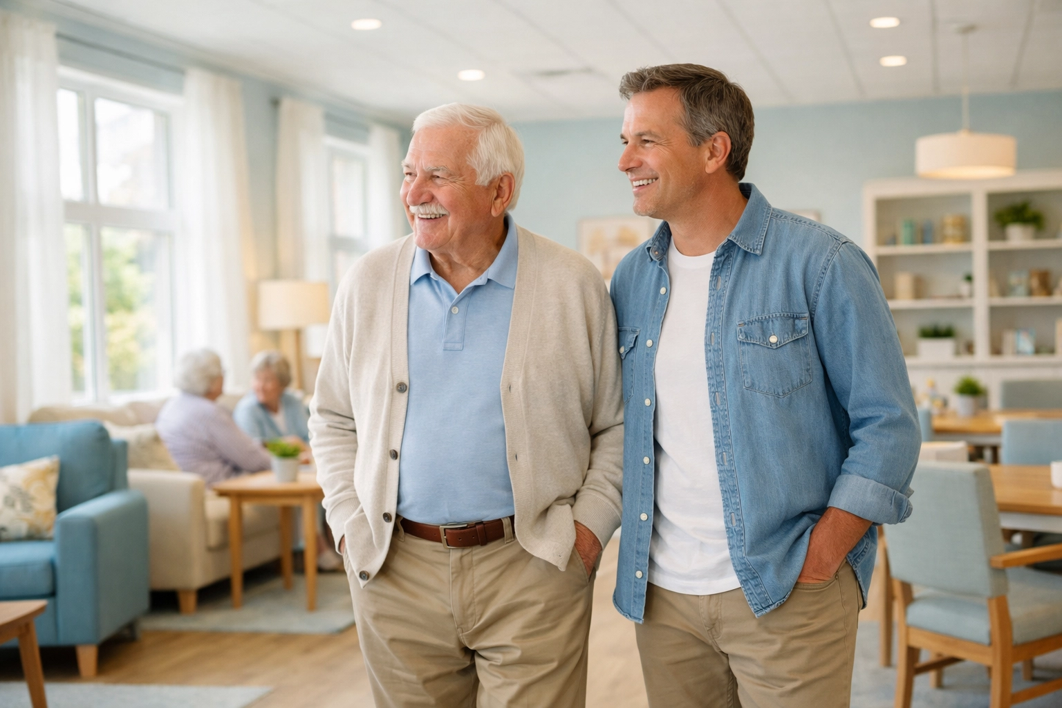Family touring a bright, modern common area in a Sarasota assisted living facility.