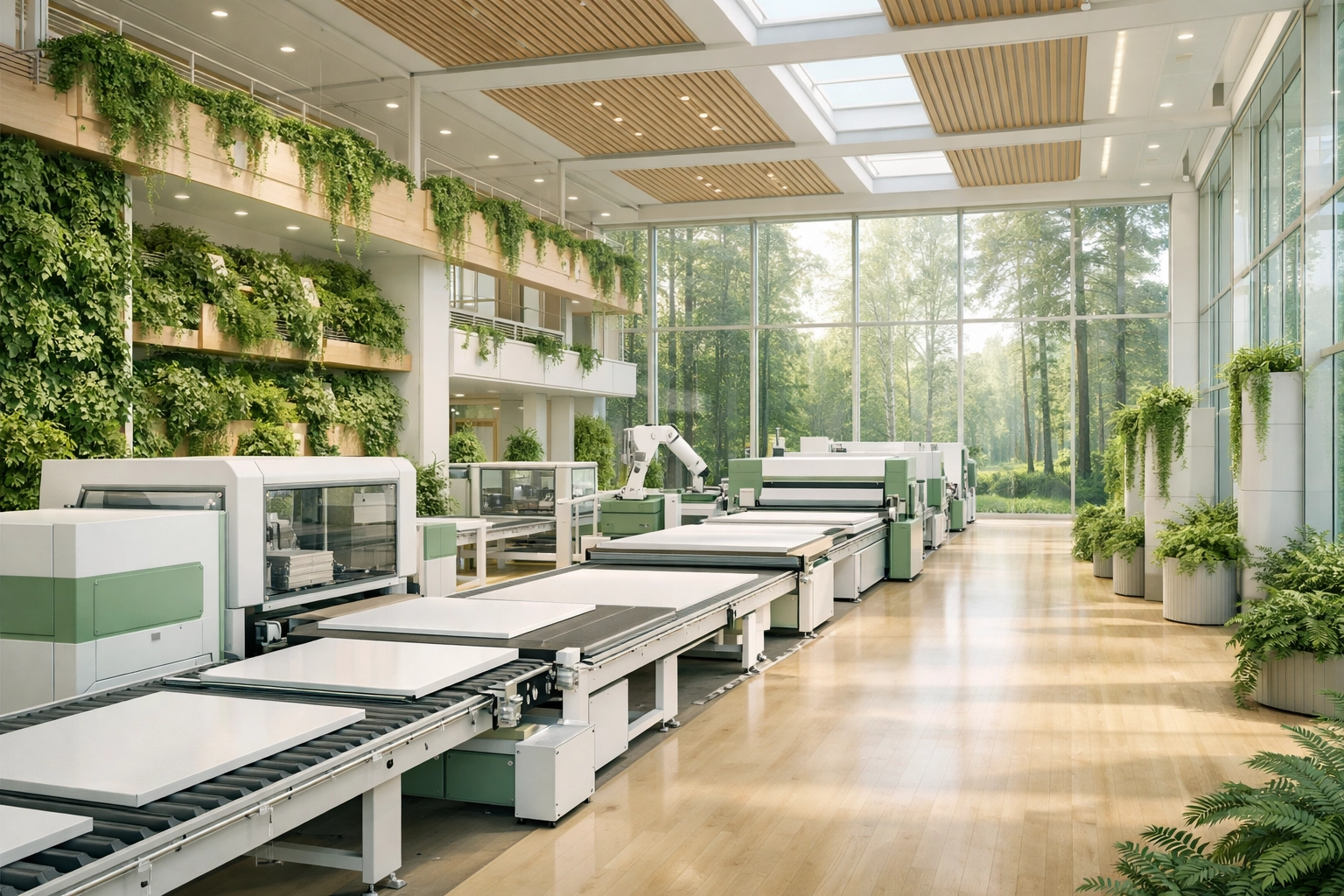 Eco-friendly manufacturing of PET acoustic panels in a clean, sustainable industrial environment.