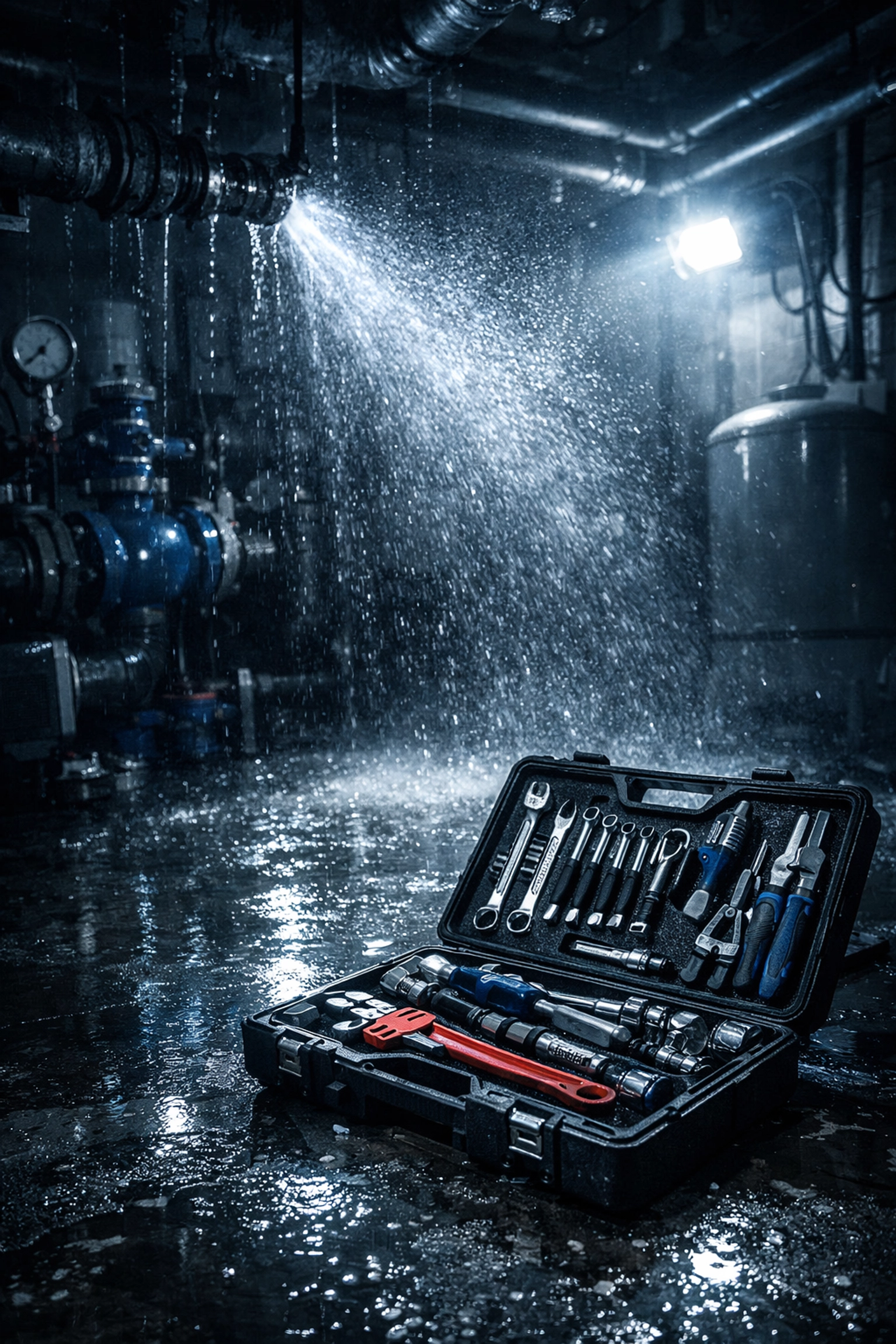 Emergency reactive maintenance services addressing a burst pipe in a commercial property utility room.