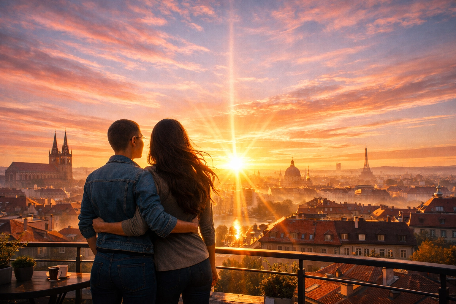 A lesbian couple watching a European sunrise, symbolizing a beacon of progress and the future of LGBTQ+ rights.