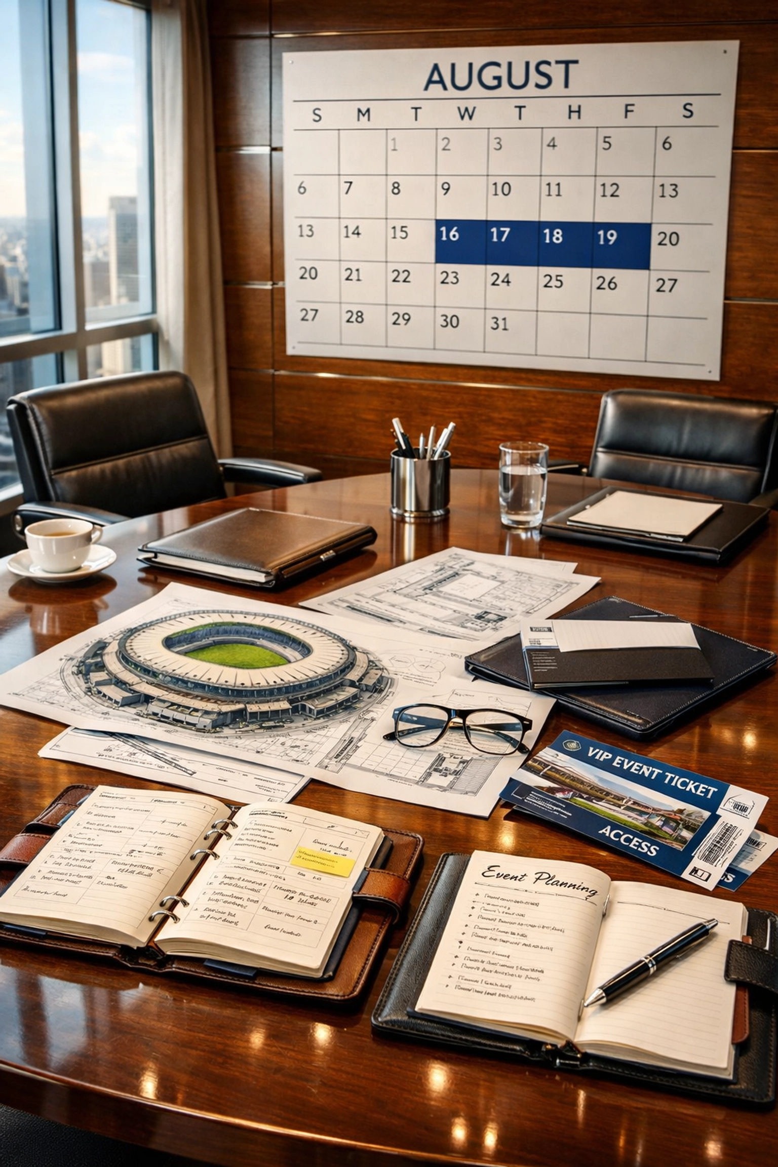 The Executive's Guide to Super Bowl Corporate Travel: How to Turn Premium Sporting Events Into Business ROI Executive planning Super Bowl corporate travel with August calendar and event tickets