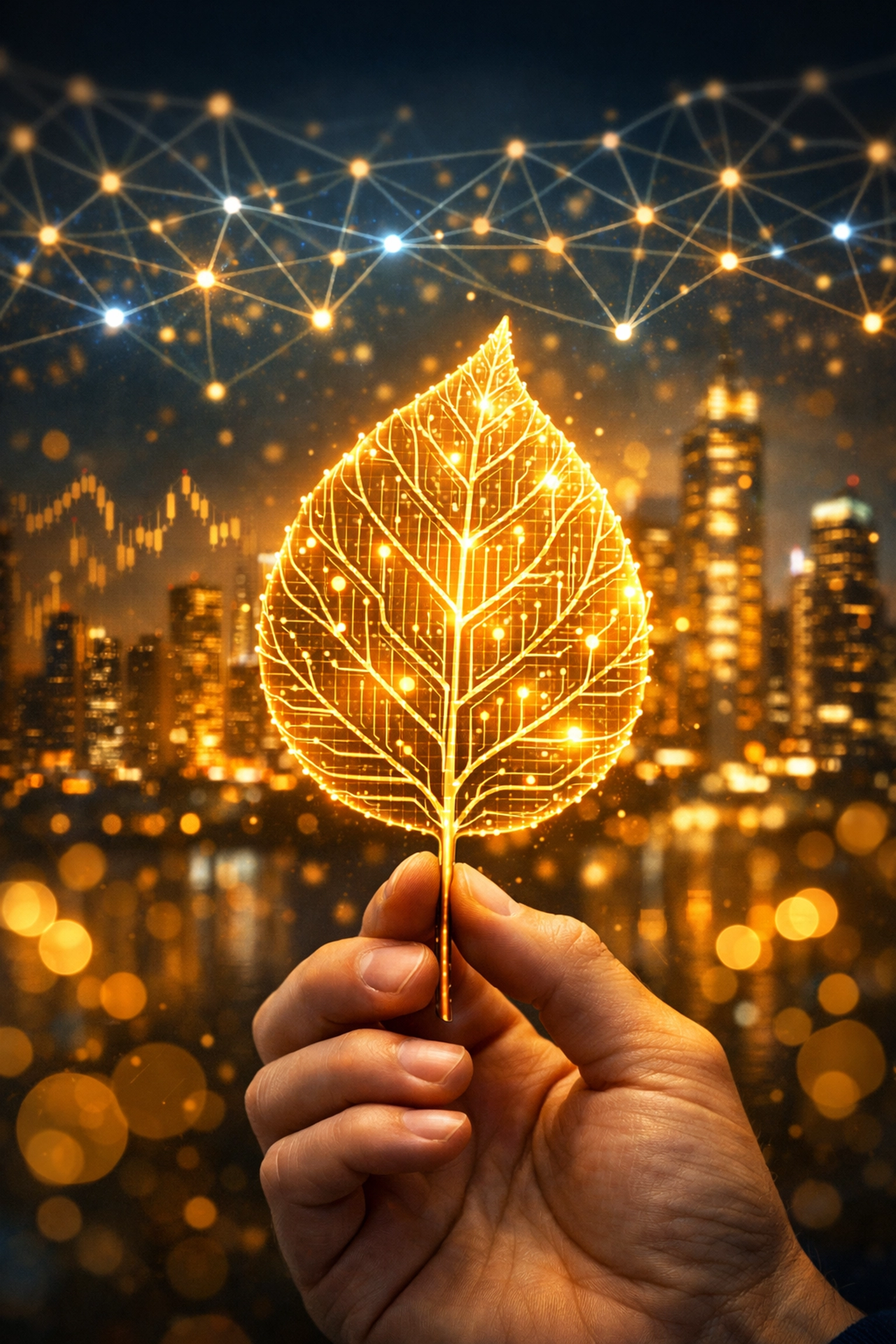 A hand holding a digital leaf symbolizing growth in high CPC niches like AI strategy and sustainable technology.