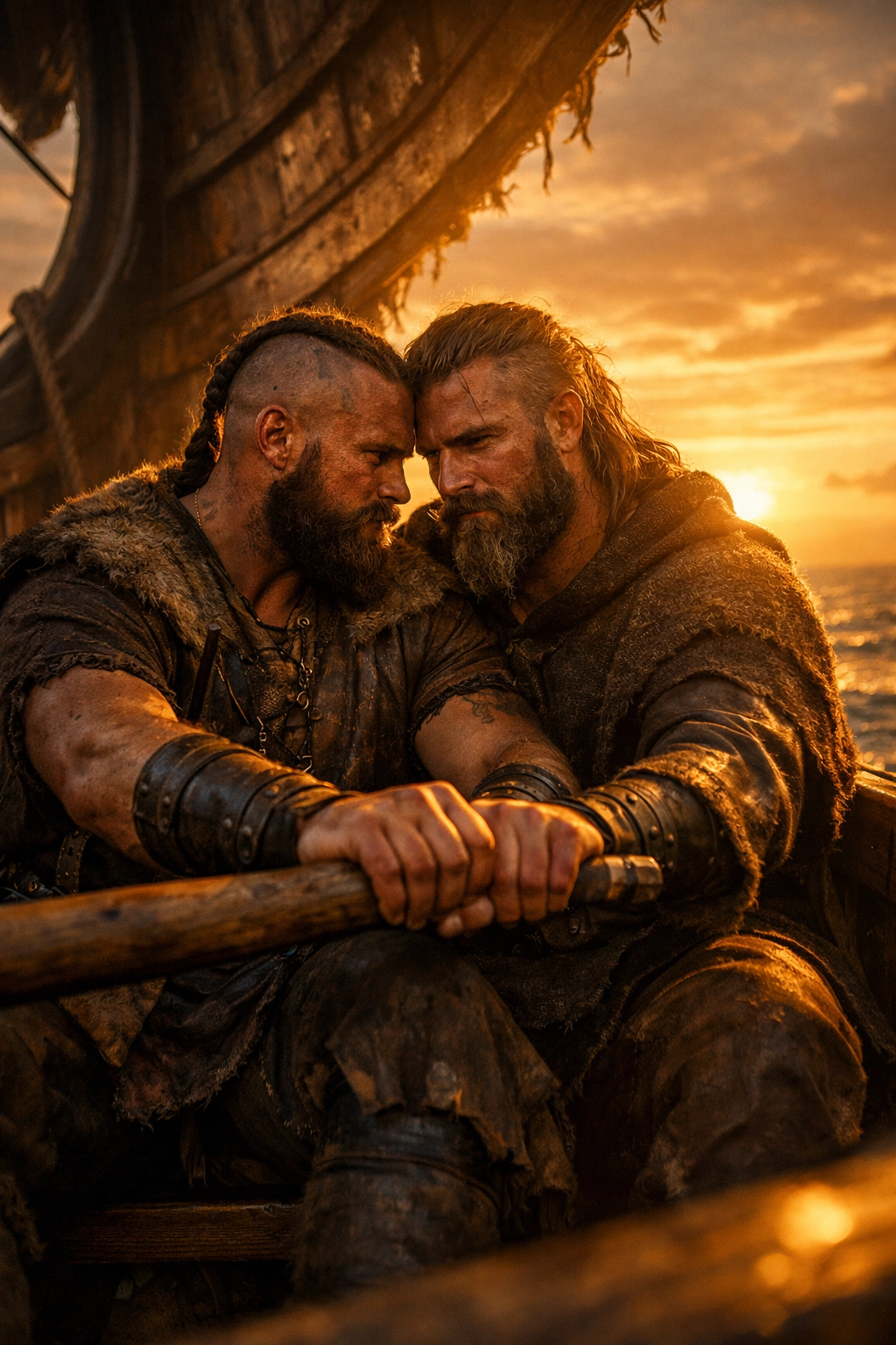 Two Viking warriors rowing together on longship, shoulders touching in intimate brotherhood