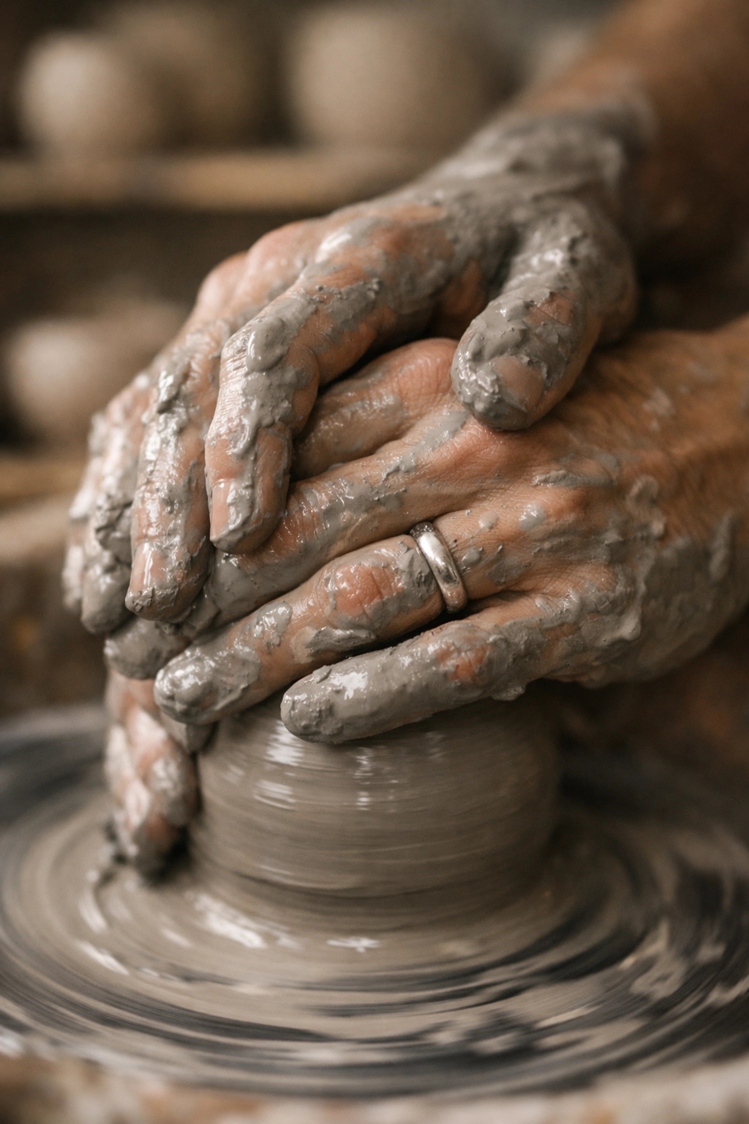 Close-up of hands on a pottery wheel, capturing the slow burn MM romance trope of shared hobbies.
